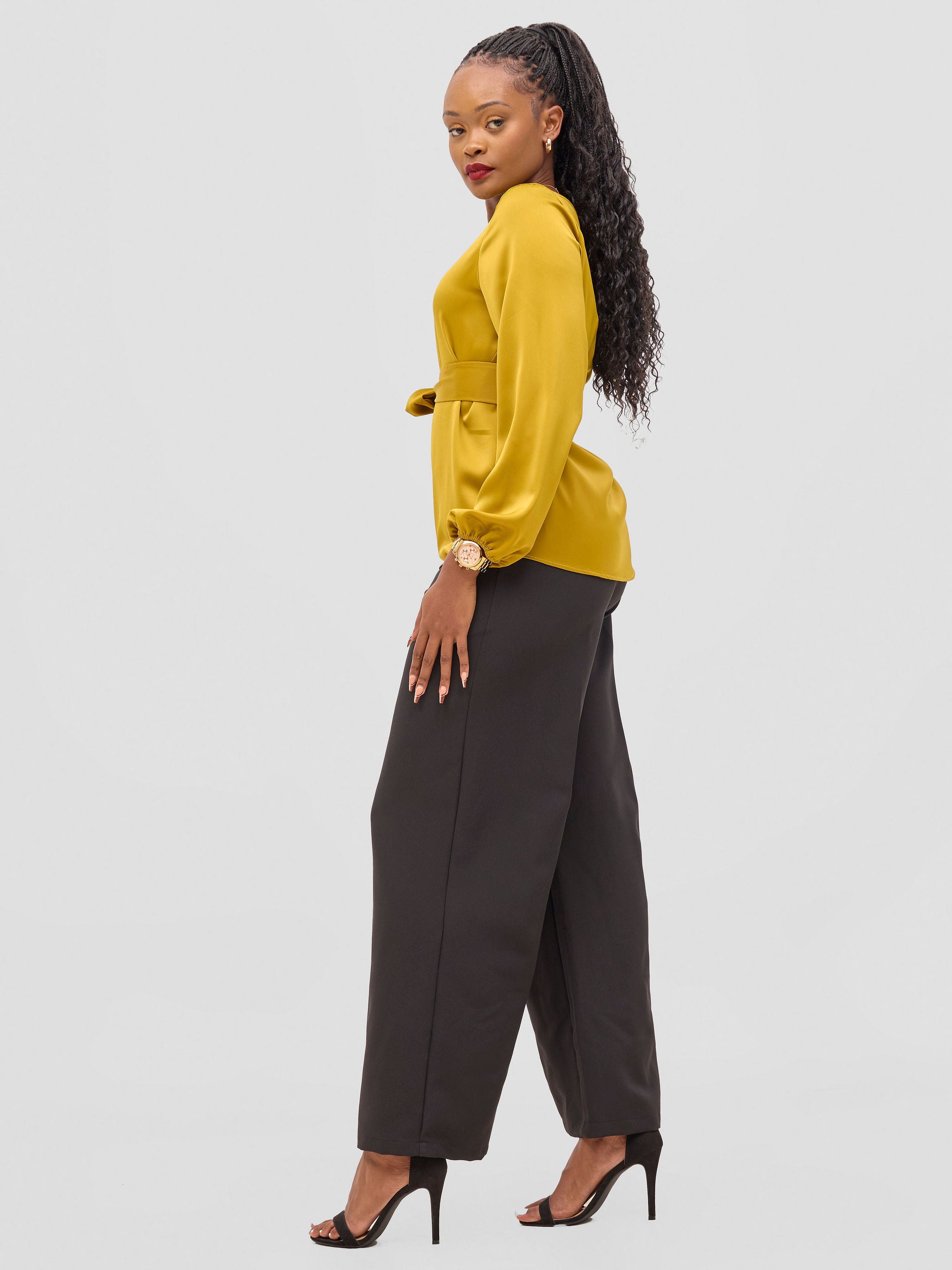 Vivo Meli Bishop Sleeve Tie Top - Dark Mustard
