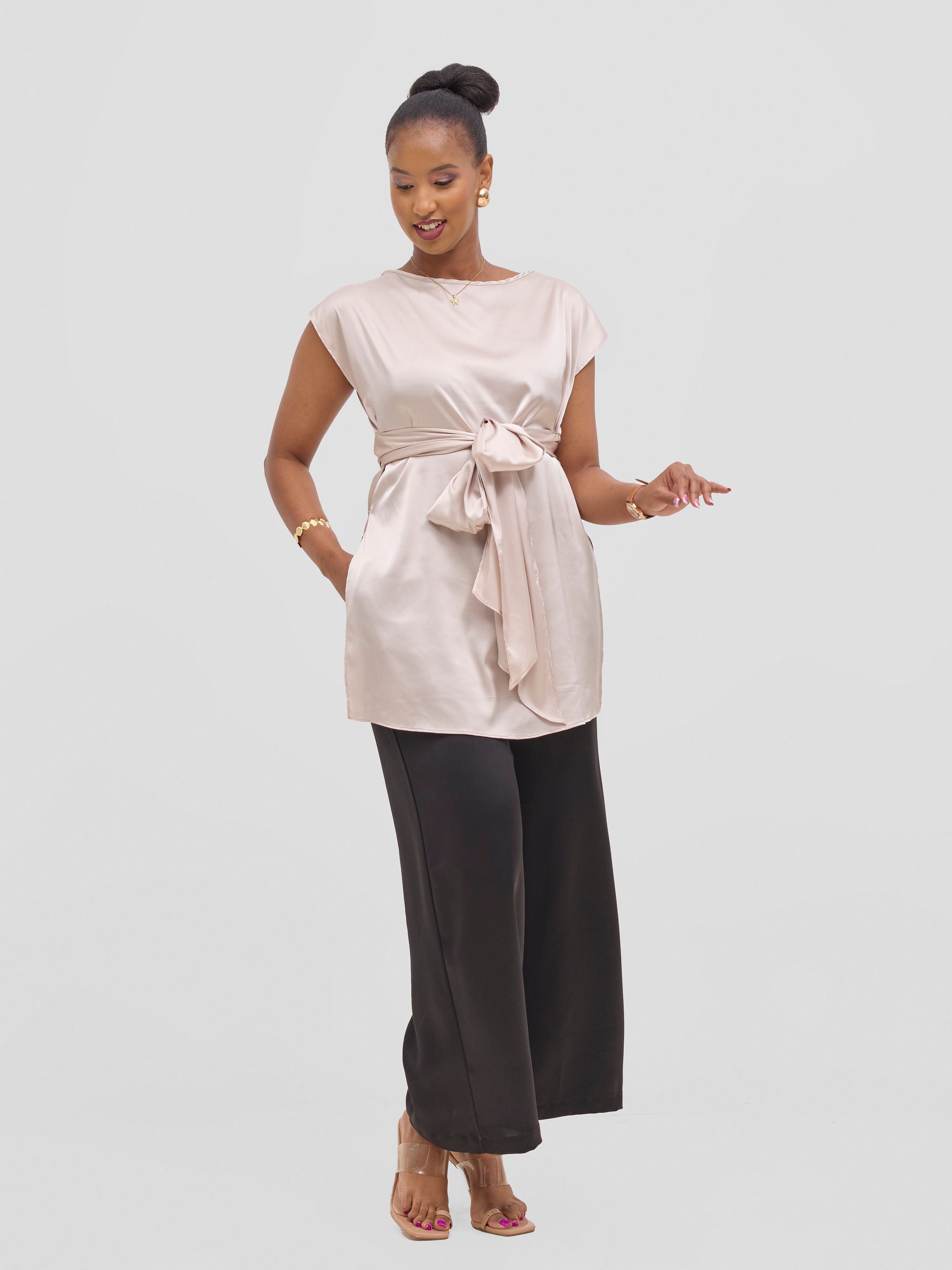 Vivo Yene Front Tie Tunic Top - Champagne