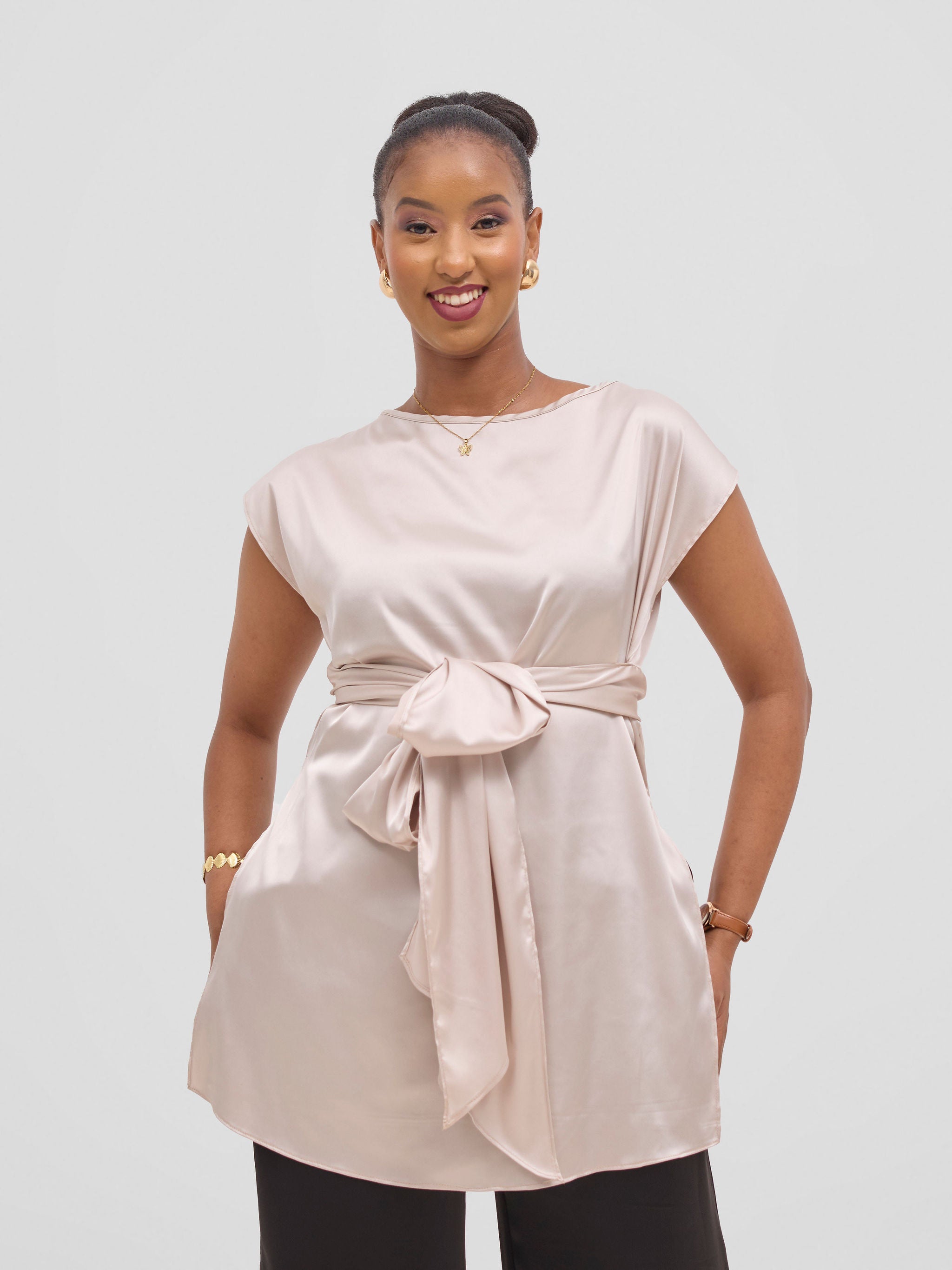 Vivo Yene Front Tie Tunic Top - Champagne