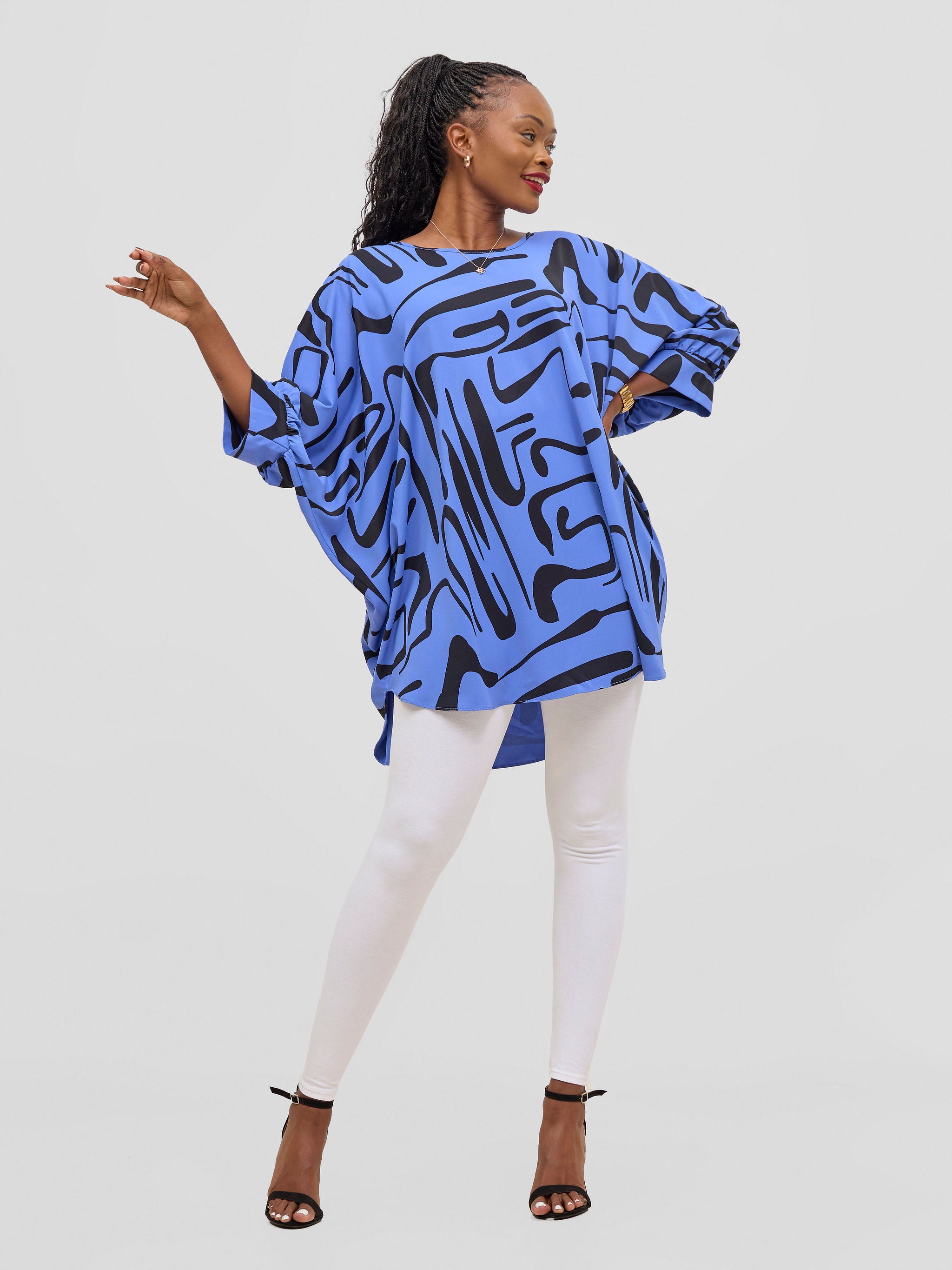 Vivo Mistari Gathered Sleeve Top - Blue / Black Sera Print