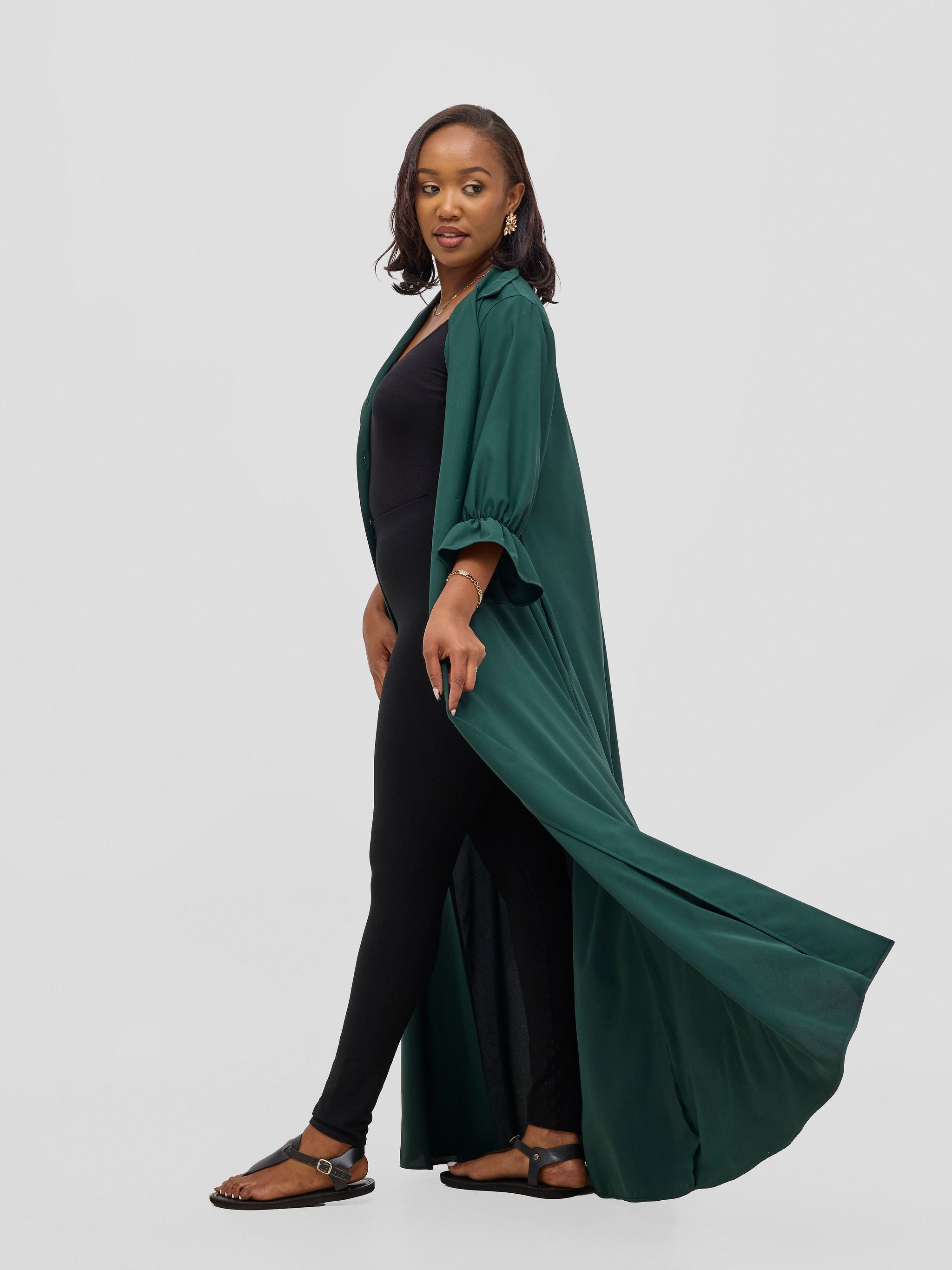 Vivo Hadiya Flounce Sleeve Maxi Dress  - Dark Green