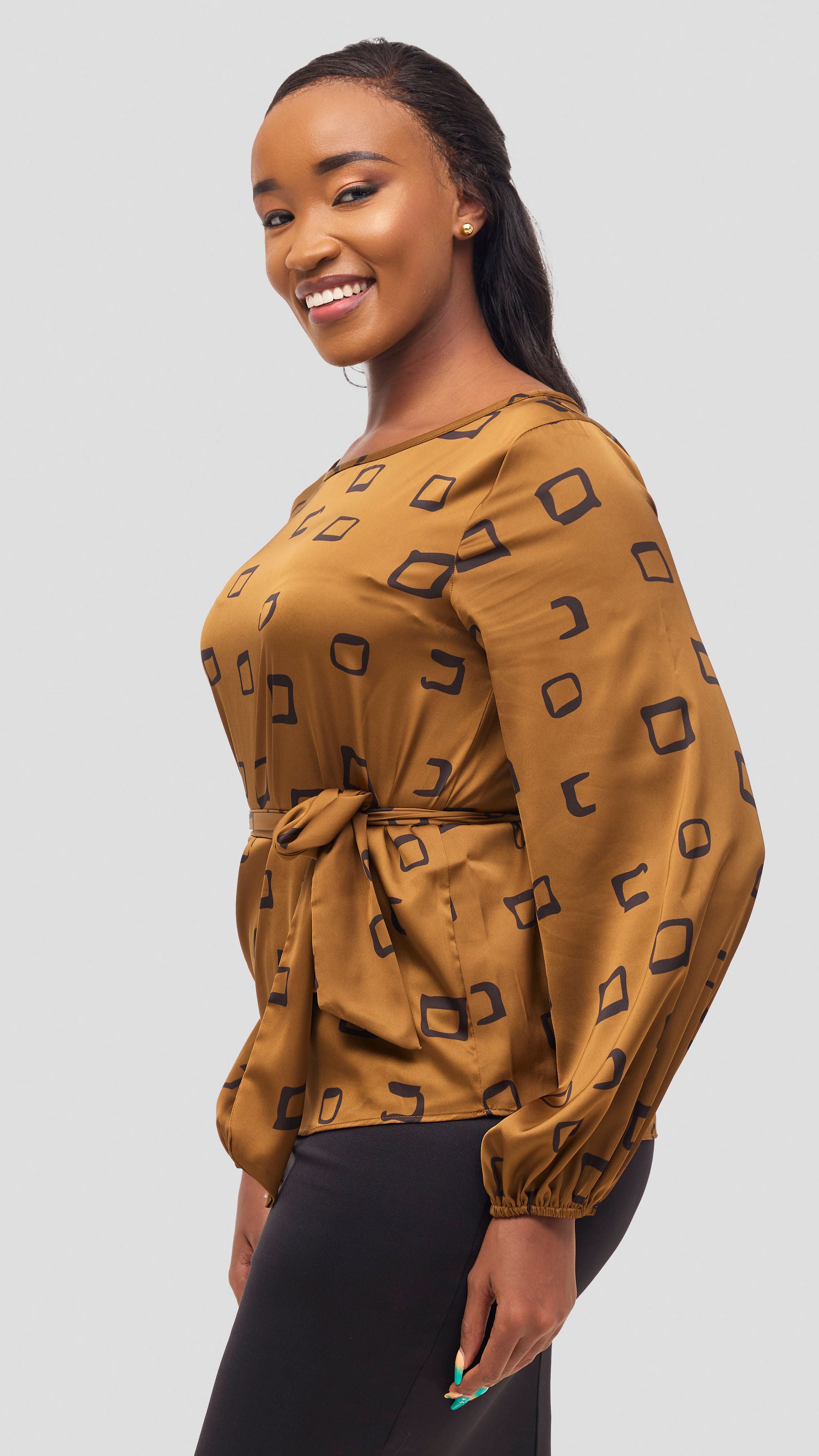 Vivo Basic Satin Bishop Sleeve Top - Tan / Black Nita Print