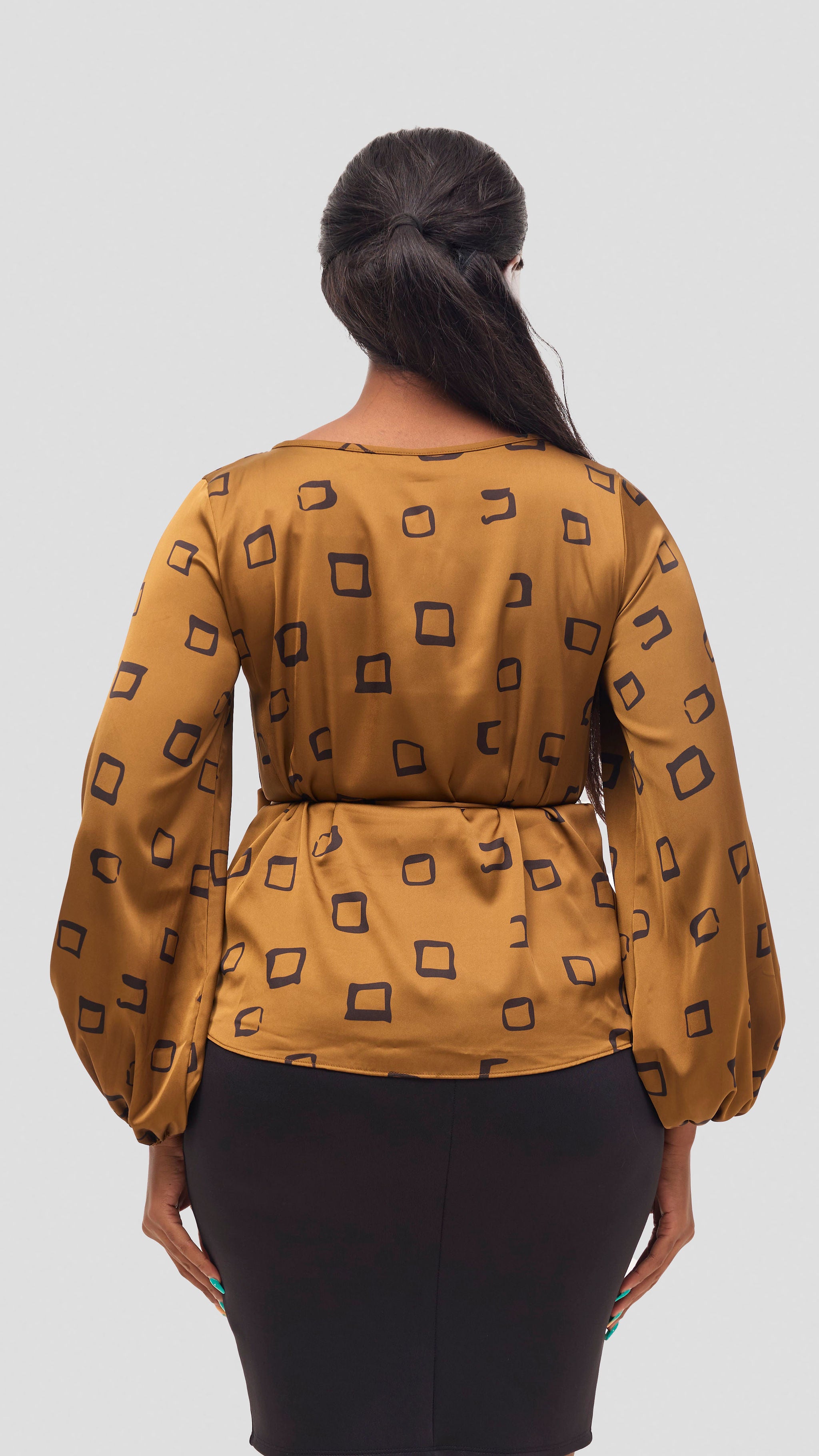 Vivo Basic Satin Bishop Sleeve Top - Tan / Black Nita Print