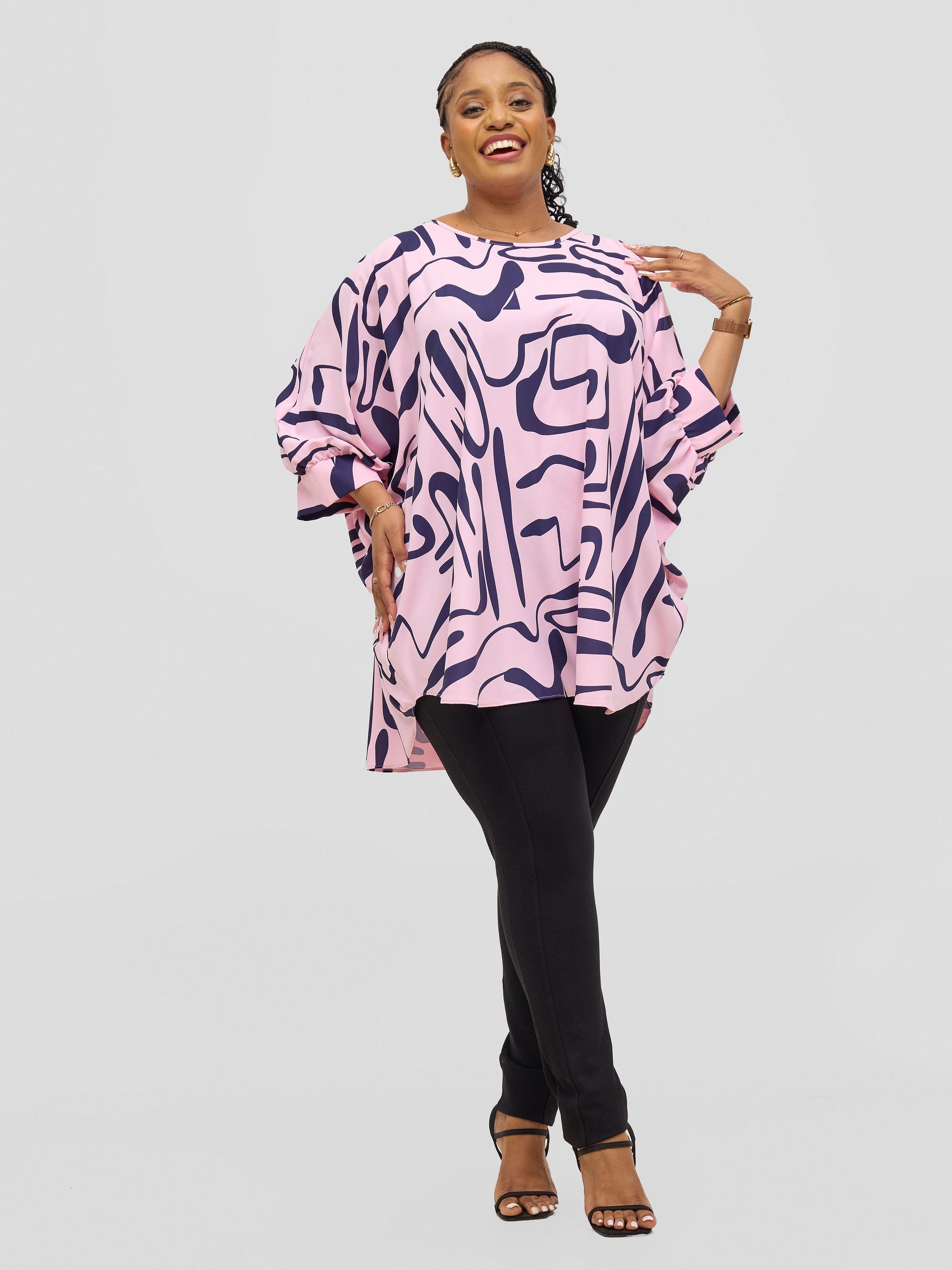 Vivo Mistari Gathered Sleeve Top - Pink / Navy Sera Print