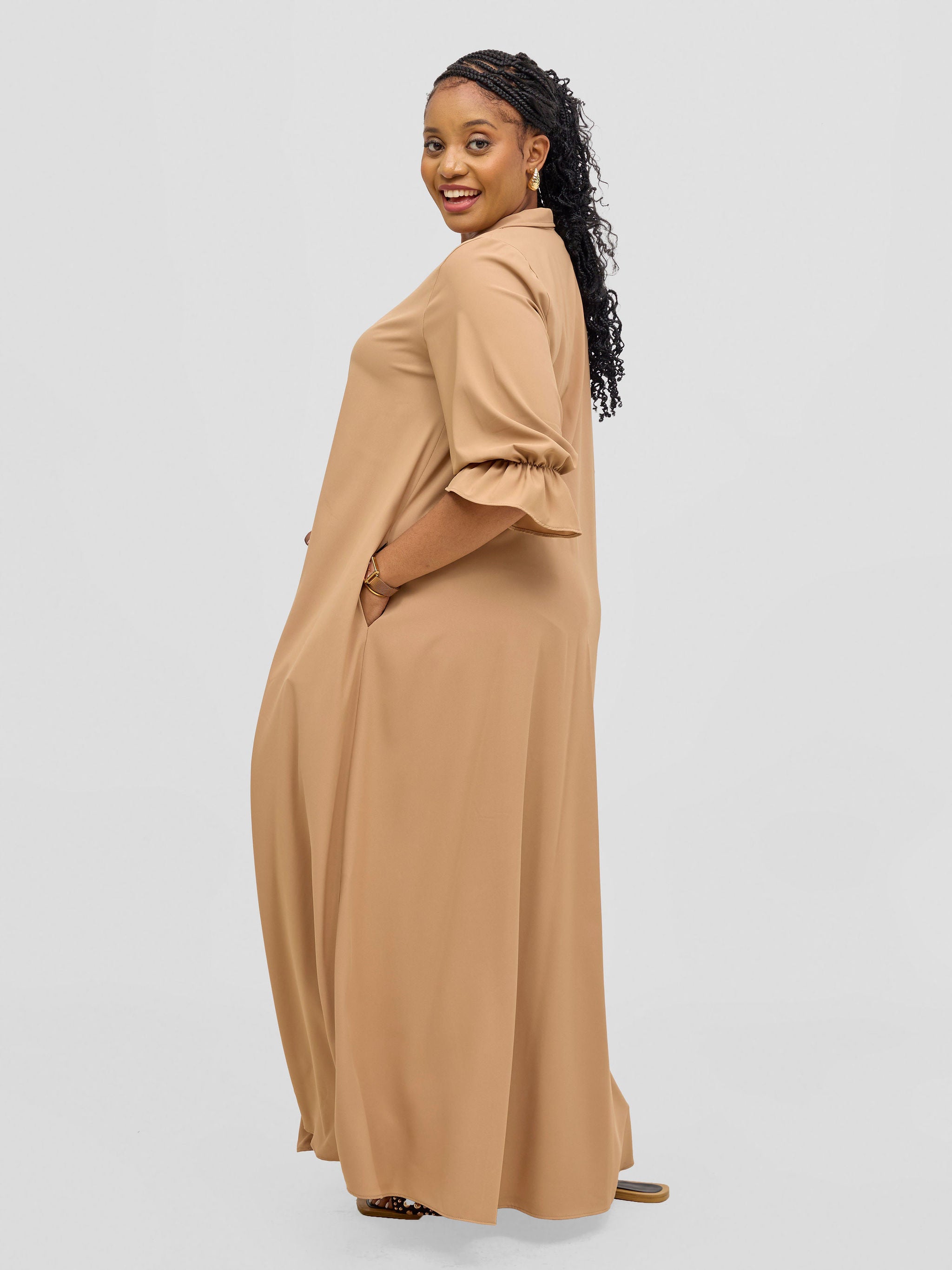 Vivo Hadiya Flounce Sleeve Maxi Dress  - Light Tan