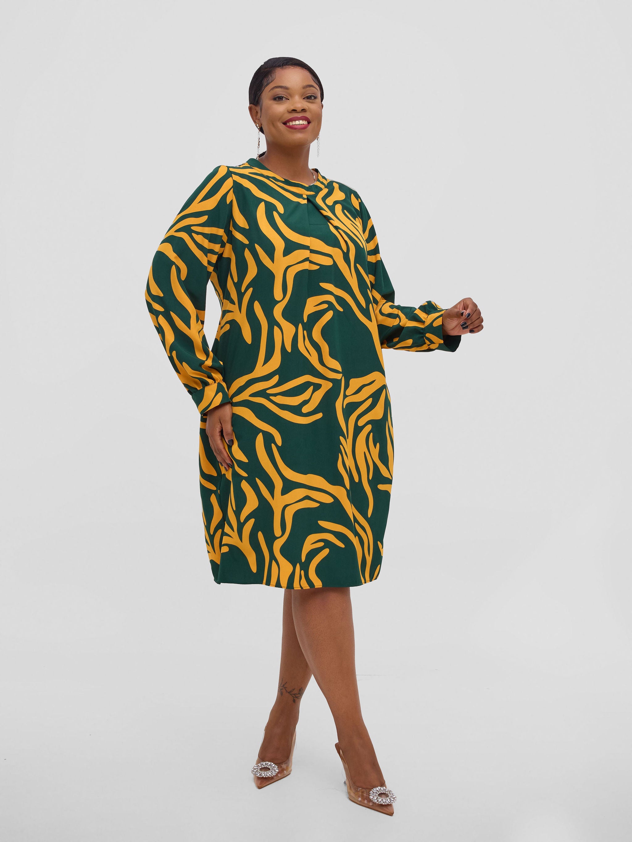 Vivo Chari Shift Dress - Mustard / Green Print | Vivo Fashion Group Kenya Vivo Chari Shift Dress - Mustard / Green Print | Vivo Fashion Group Kenya