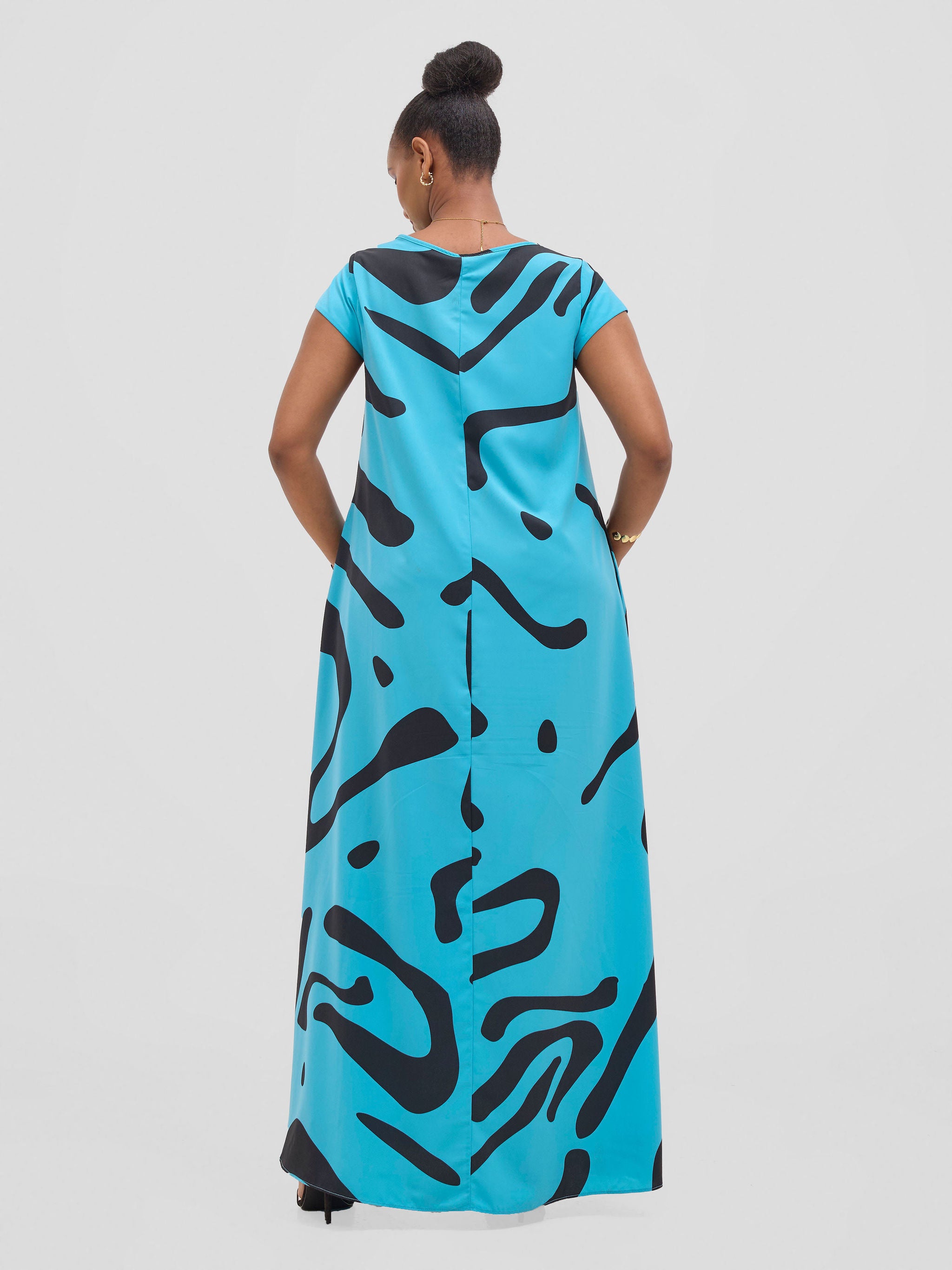 Vivo Basic Cap Sleeve Maxi Tent Dress - Blue / Black Sifa Print