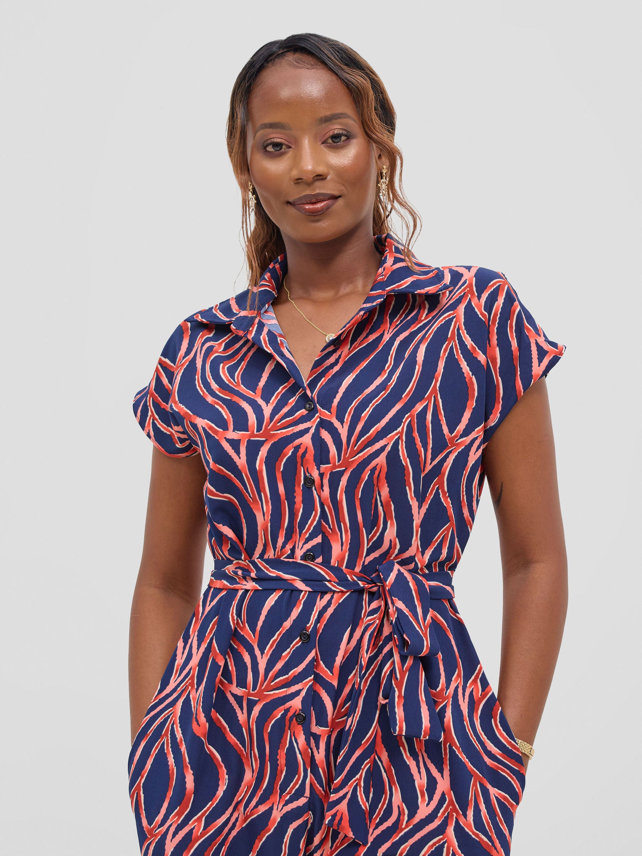 Vivo Ayla Drop Shoulder Jumpsuit - Navy/ Cream Print