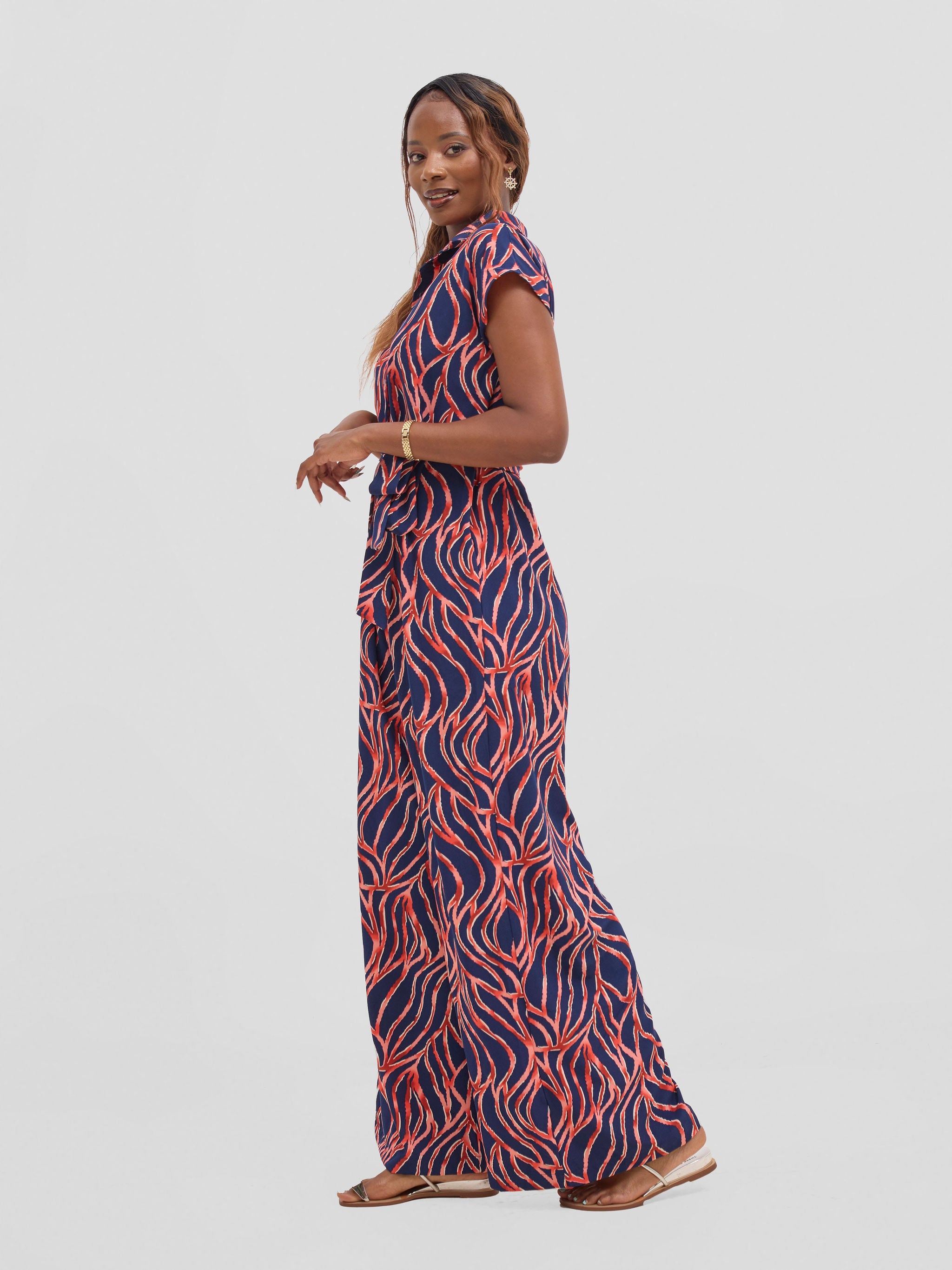 Vivo Ayla Drop Shoulder Jumpsuit - Navy/ Cream Print