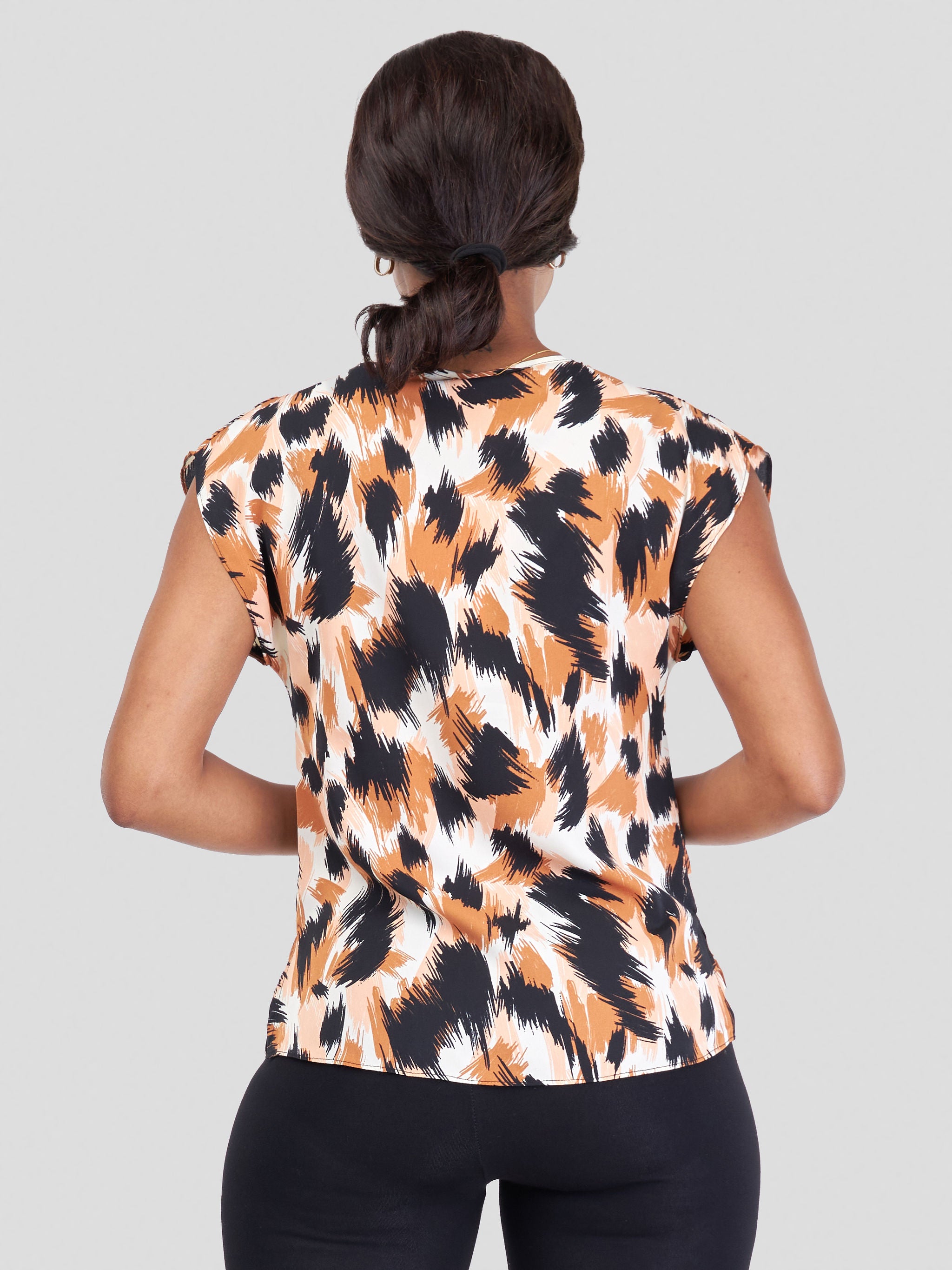 Vivo Fahari Drop Shoulder Cowl Top - Peach / Brown Abstract Print