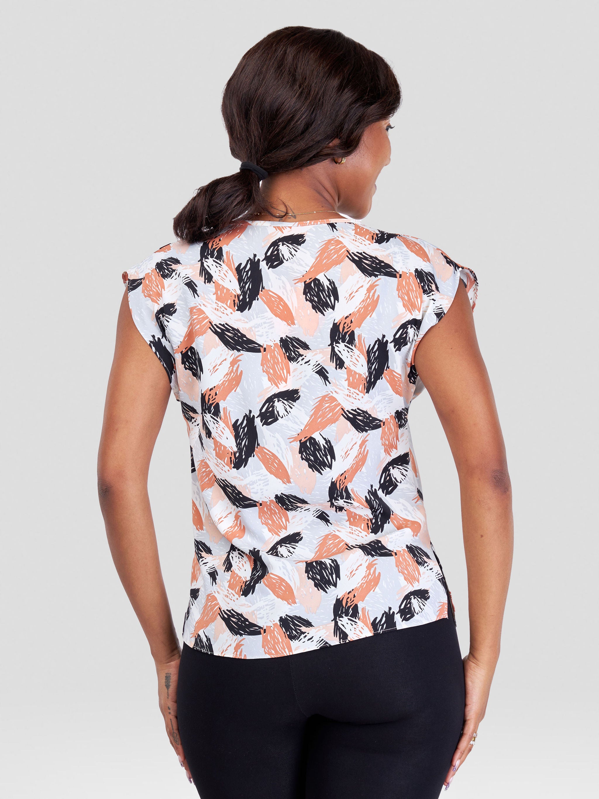 Vivo Fahari Drop Shoulder Cowl Top - Peach / Grey Abstract Print