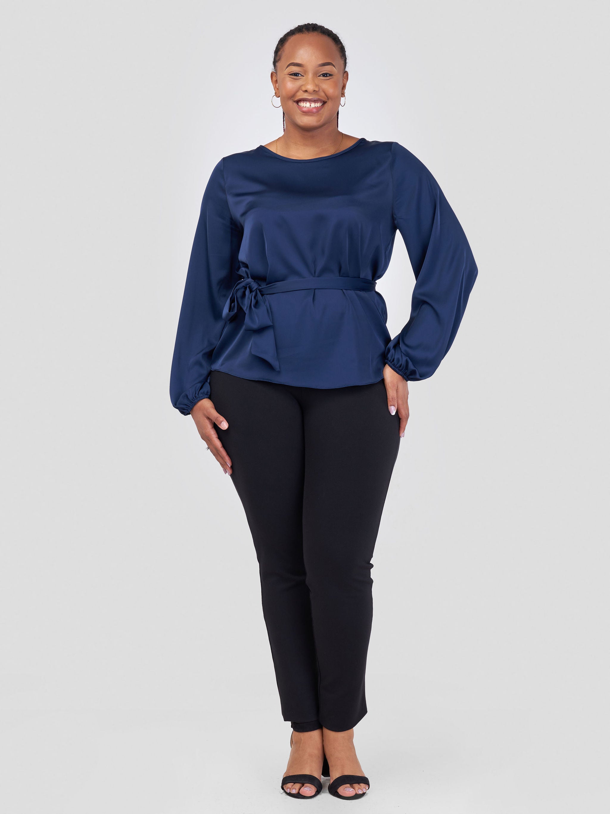 Vivo Basic Izzy Satin Bishop Sleeve Top - Navy Blue Yoyo