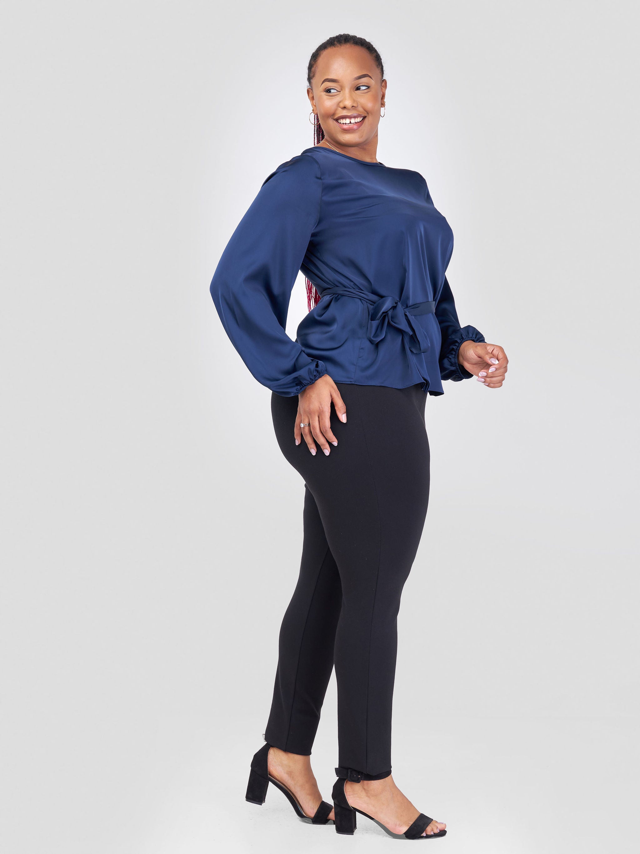 Vivo Basic Izzy Satin Bishop Sleeve Top - Navy Blue Yoyo