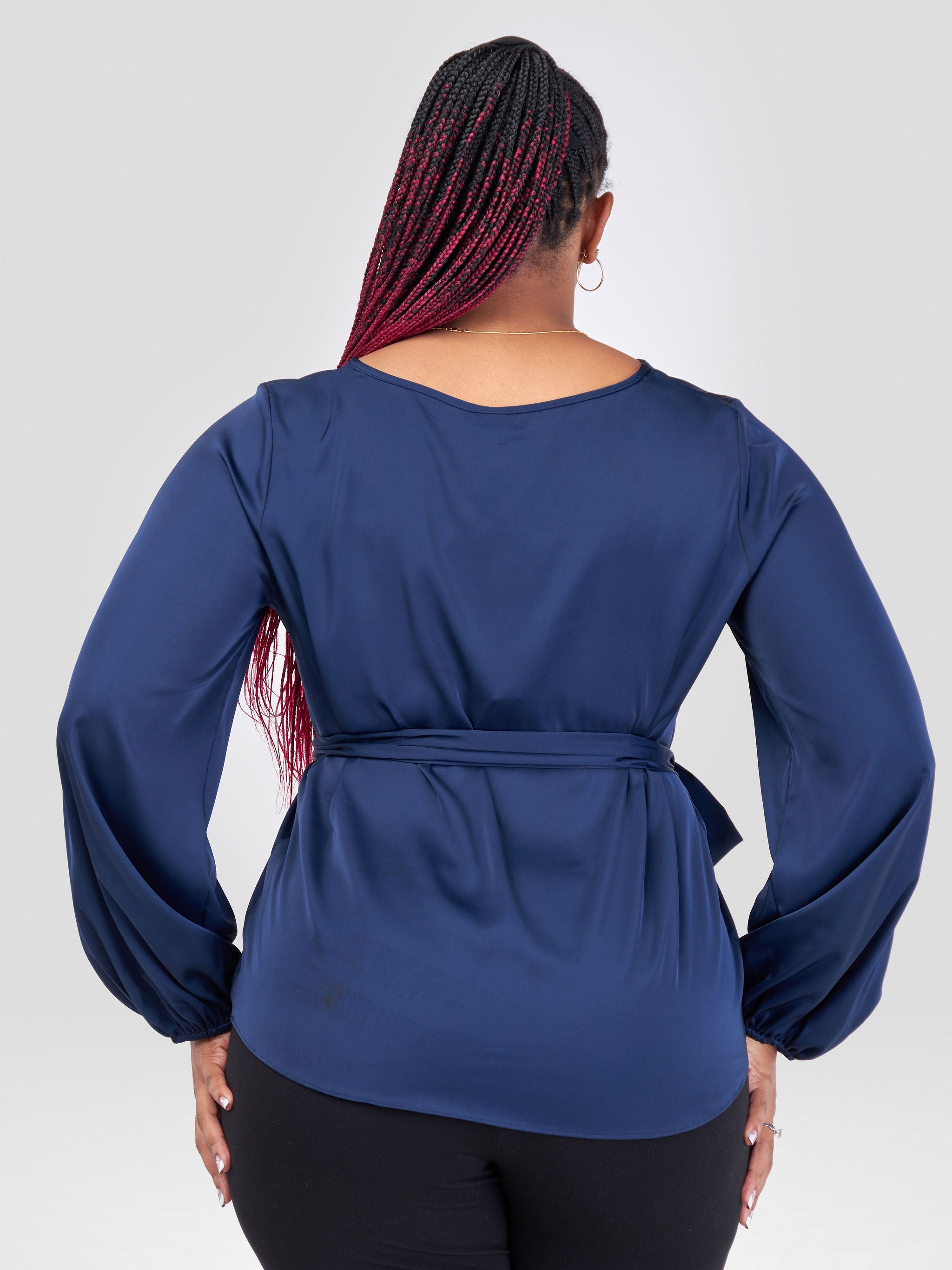 Vivo Basic Izzy Satin Bishop Sleeve Top - Navy Blue Yoyo