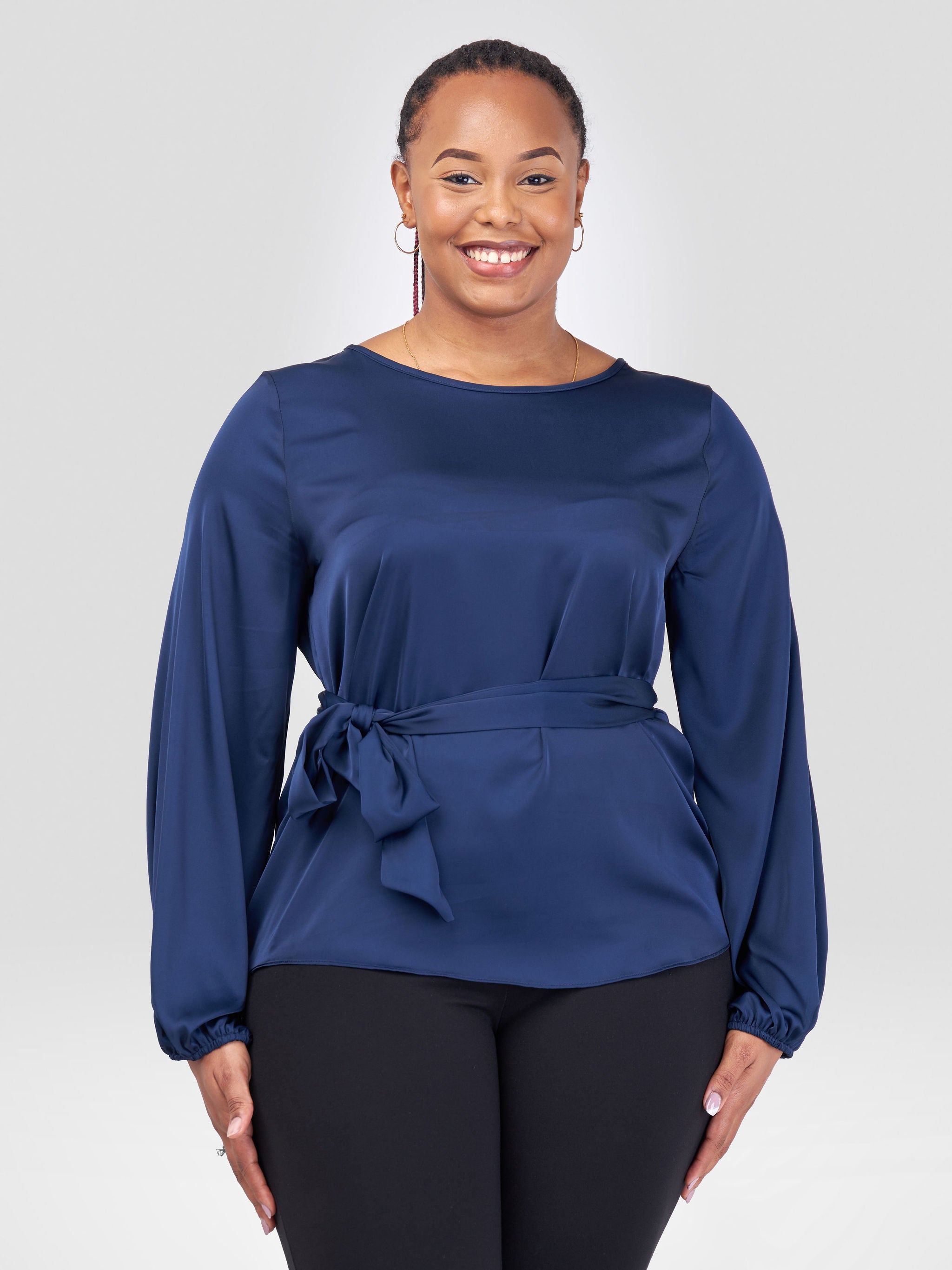 Vivo Basic Izzy Satin Bishop Sleeve Top - Navy Blue Yoyo