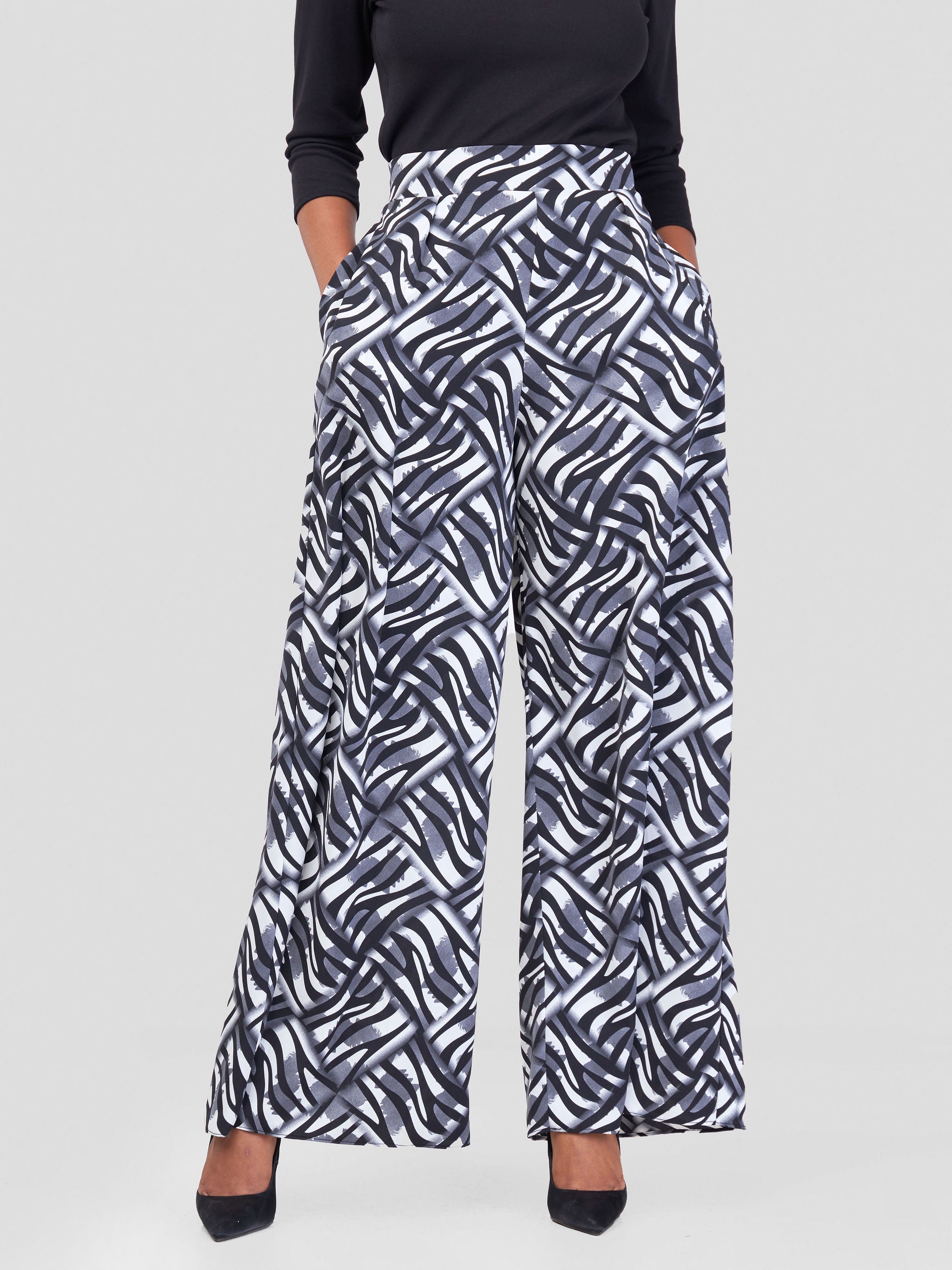 Vivo Basic Crepe Pants - Black / Grey Abstract Print