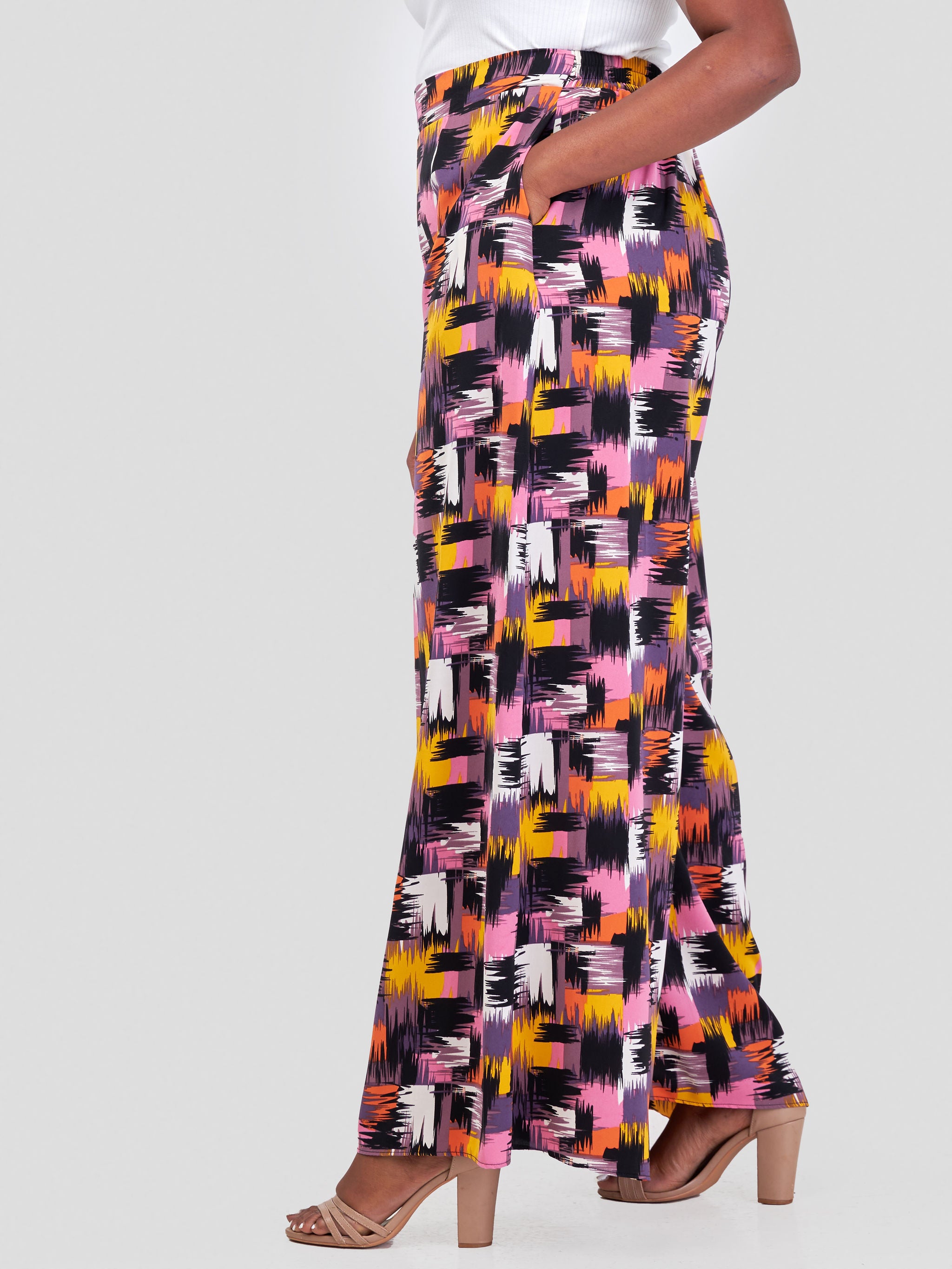 Vivo Basic Crepe Pants - Purple / Orange Brush Strokes Print