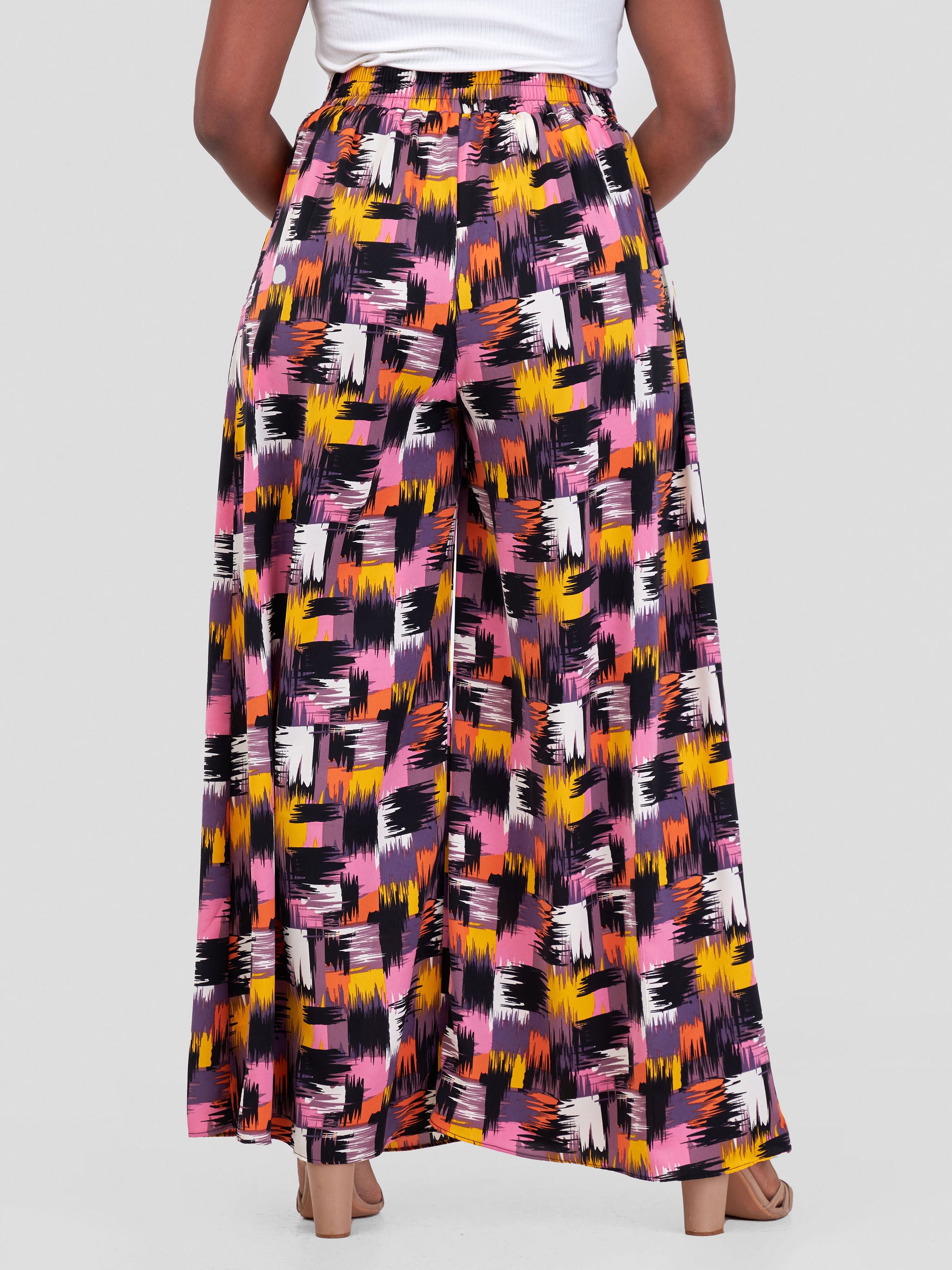 Vivo Basic Crepe Pants - Purple / Orange Brush Strokes Print