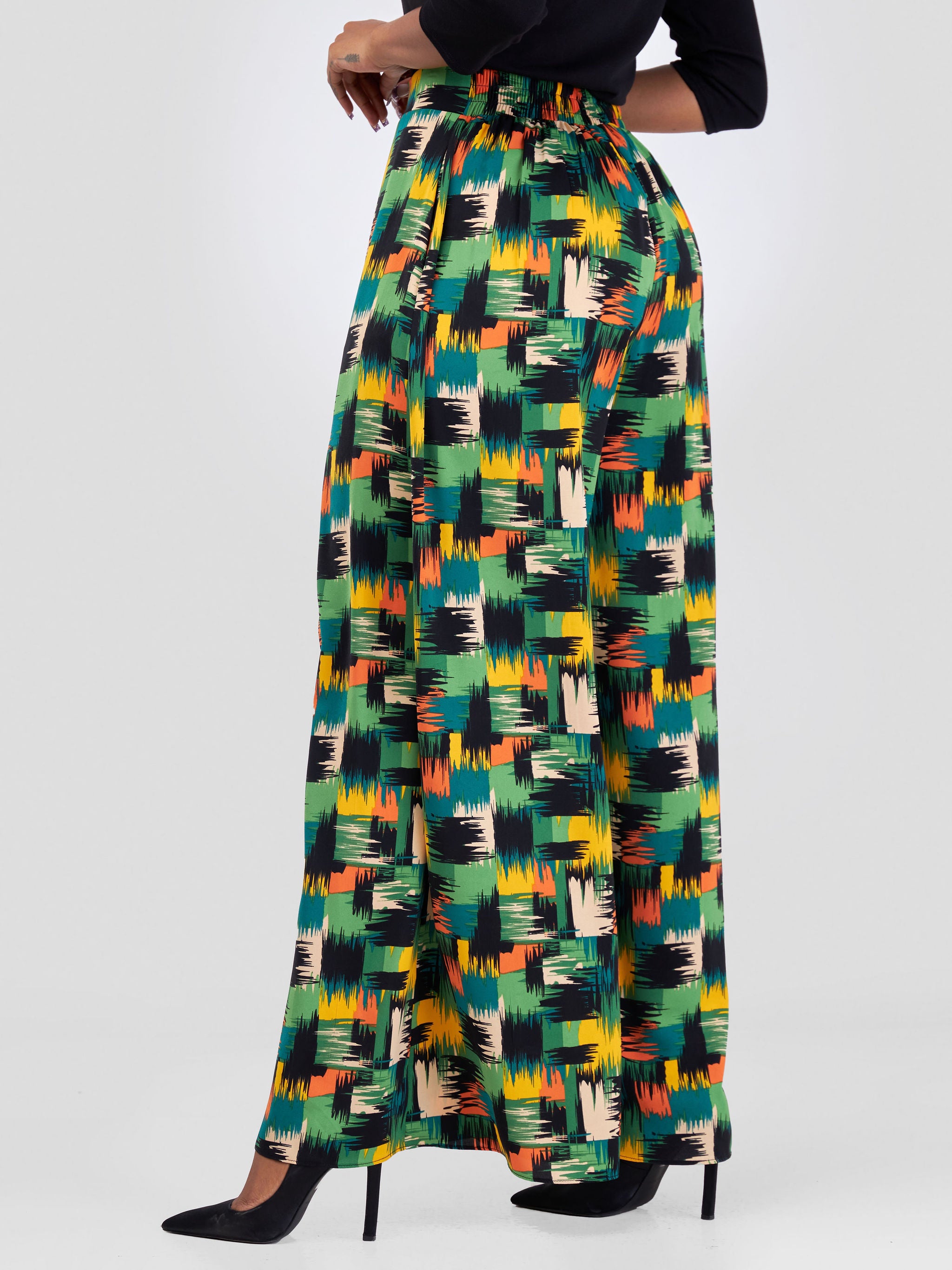 Vivo Basic Crepe Pants - Green / Orange Brush Strokes Print