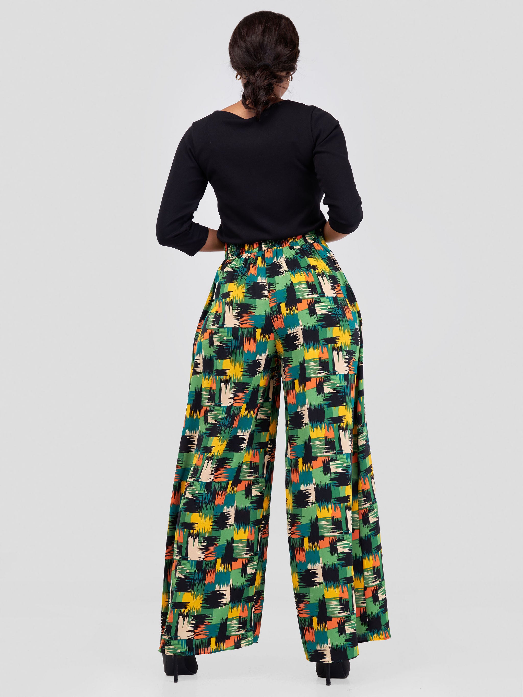 Vivo Basic Crepe Pants - Green / Orange Brush Strokes Print