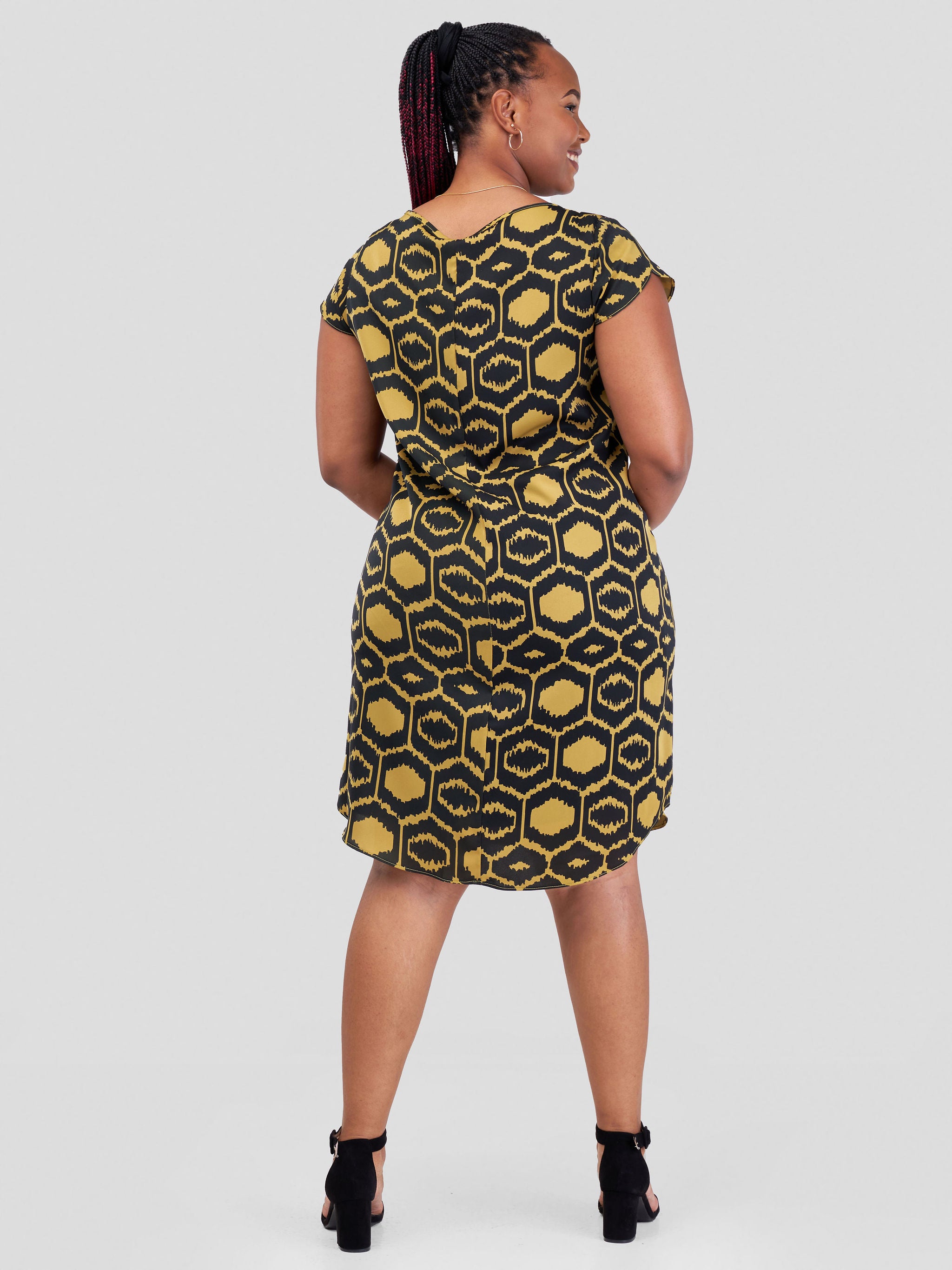 Vivo Lalea Cap Sleeve Shift Dress - Hunters Green / Black Abstract Print