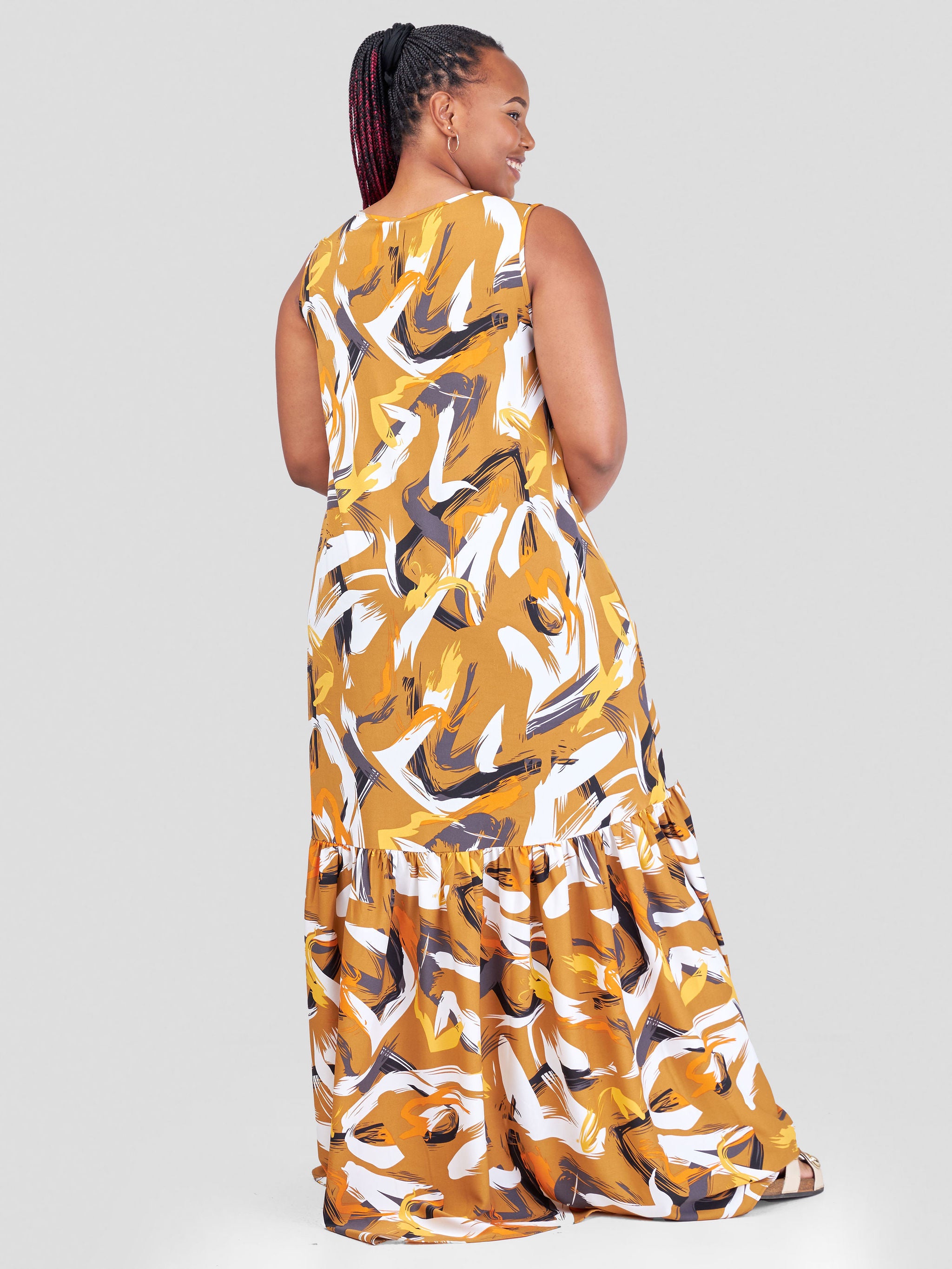 Vivo Ayana Sleeveless Maxi Dress - Brown / Orange Abstract Print