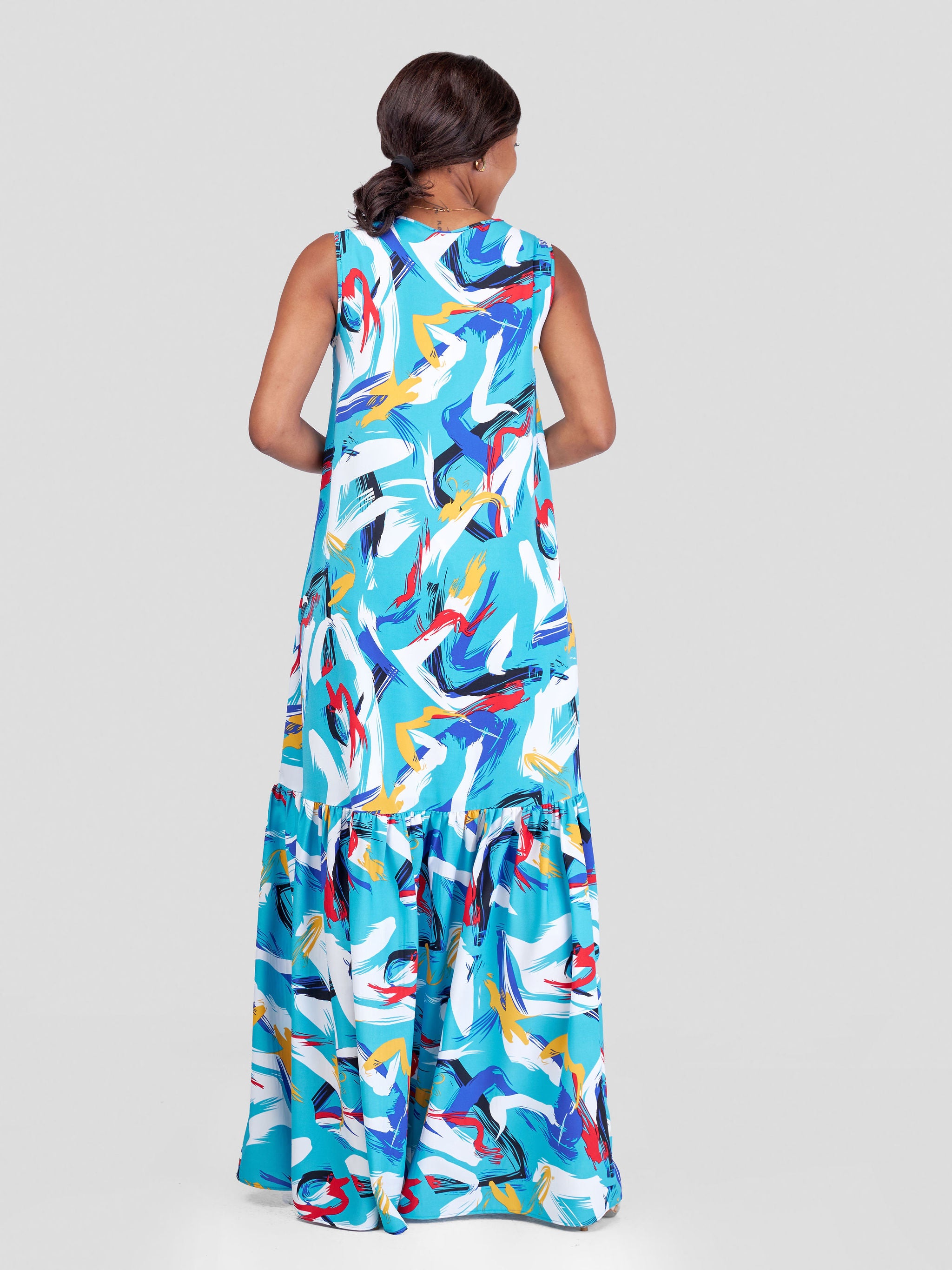 Vivo Ayana Sleeveless Maxi Dress - Teal / Mustard Abstract Print