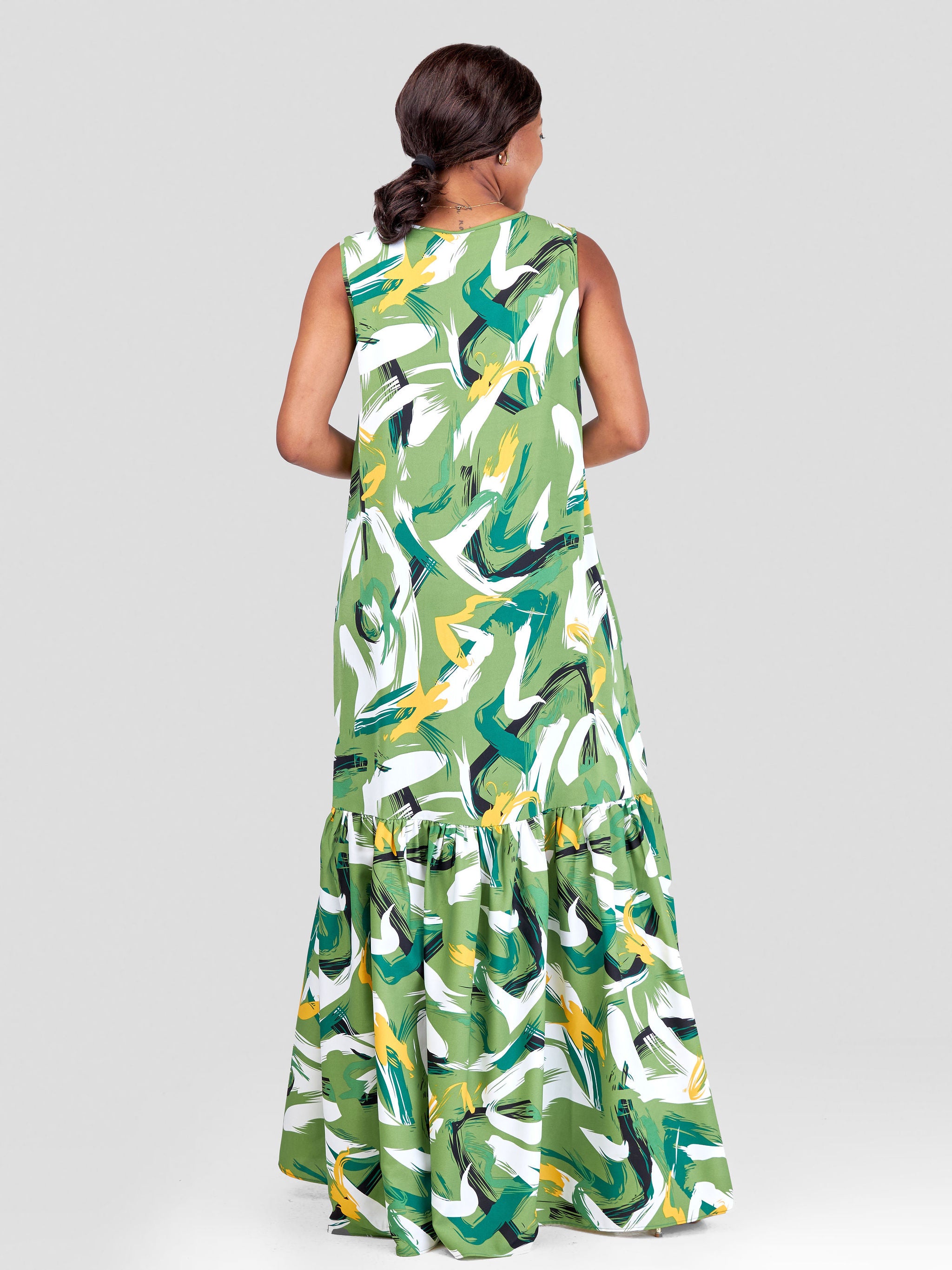 Vivo Ayana Sleeveless Maxi Dress - Green / Mustard Abstract Print