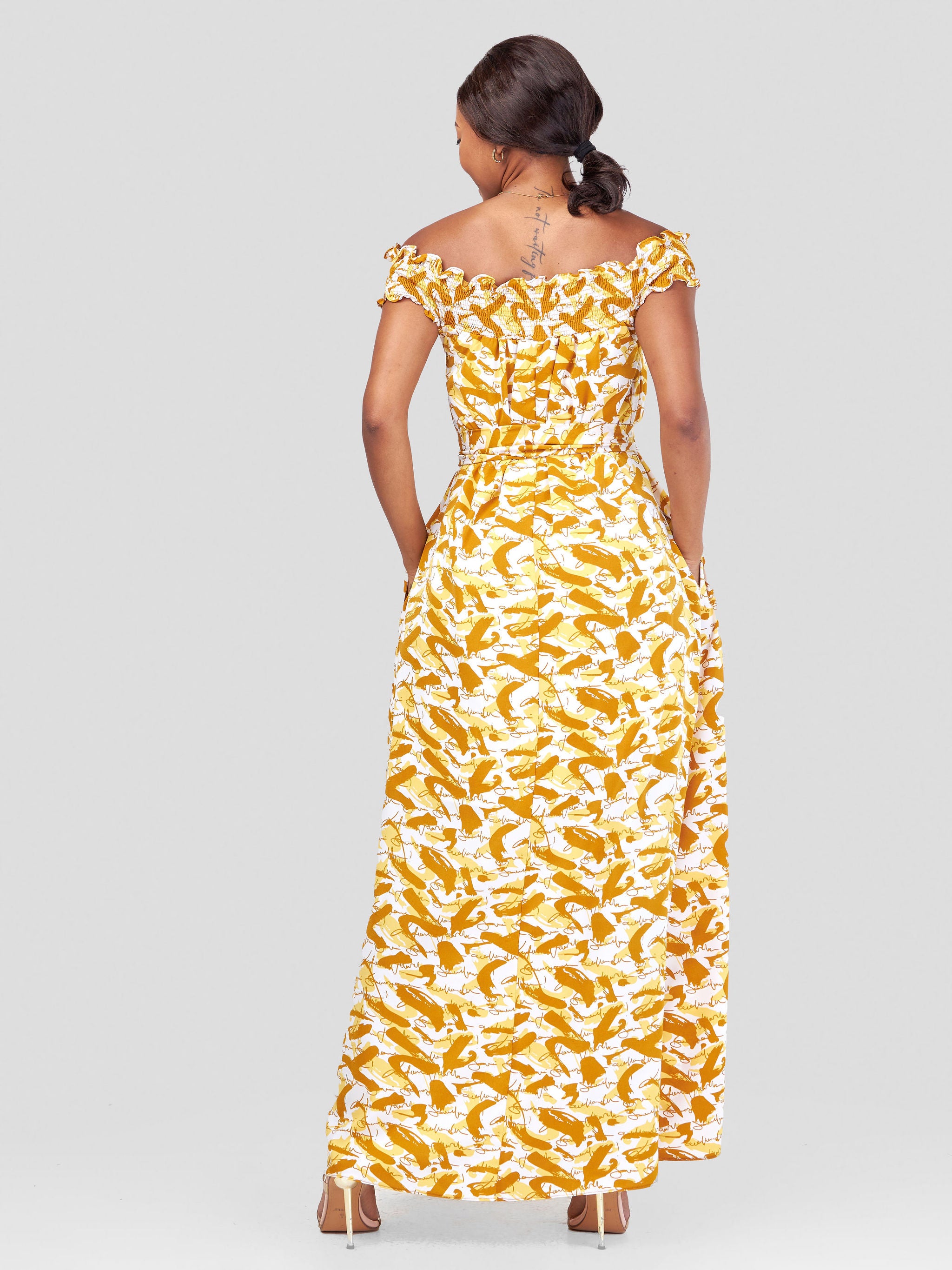 Vivo Alek Off-Shoulder Maxi Dress - White / Mustard Abstract Print