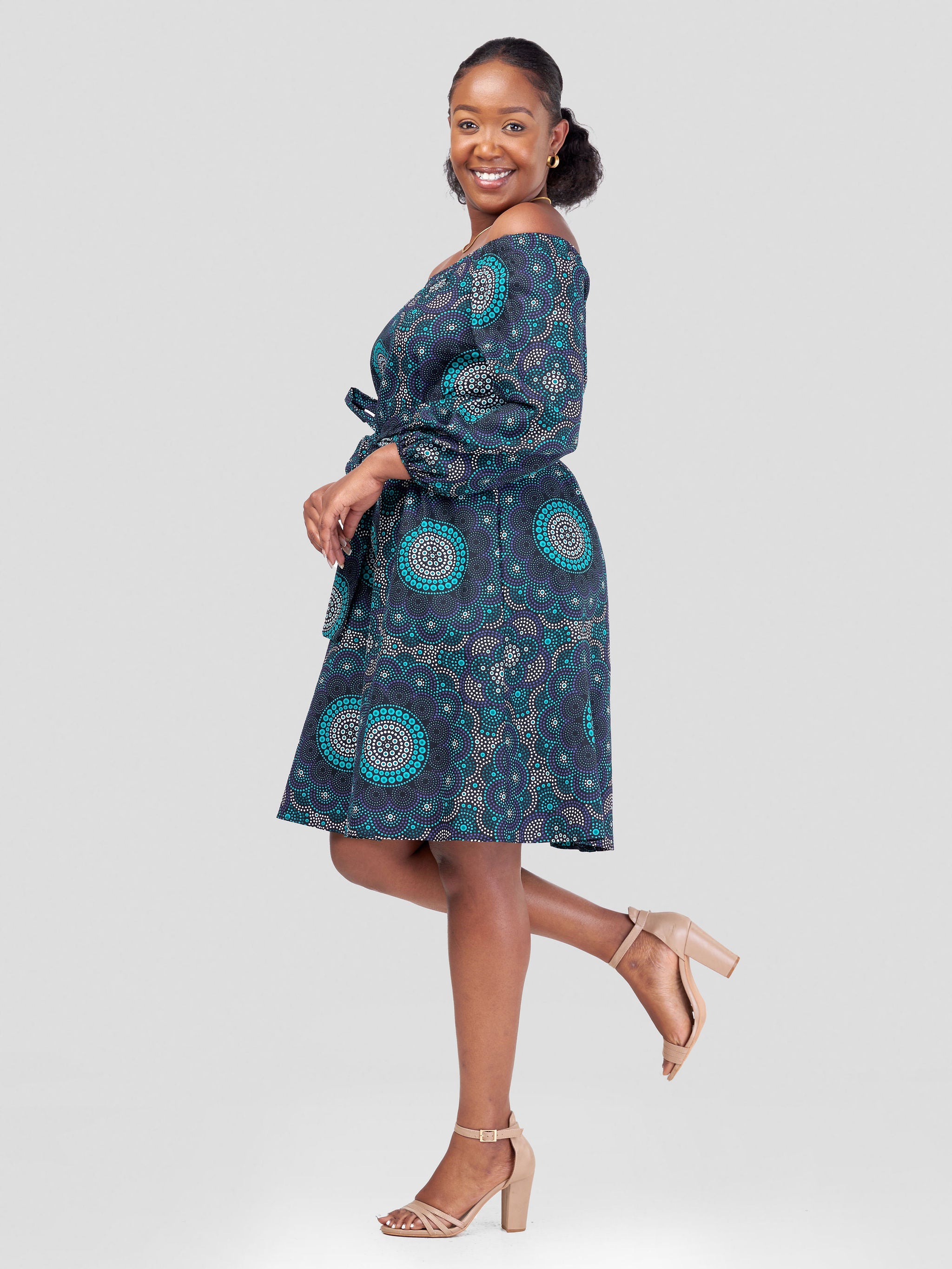 Vivo Kitenge Off Shoulder Knee Length Dress - Green / Purple Ankara Print