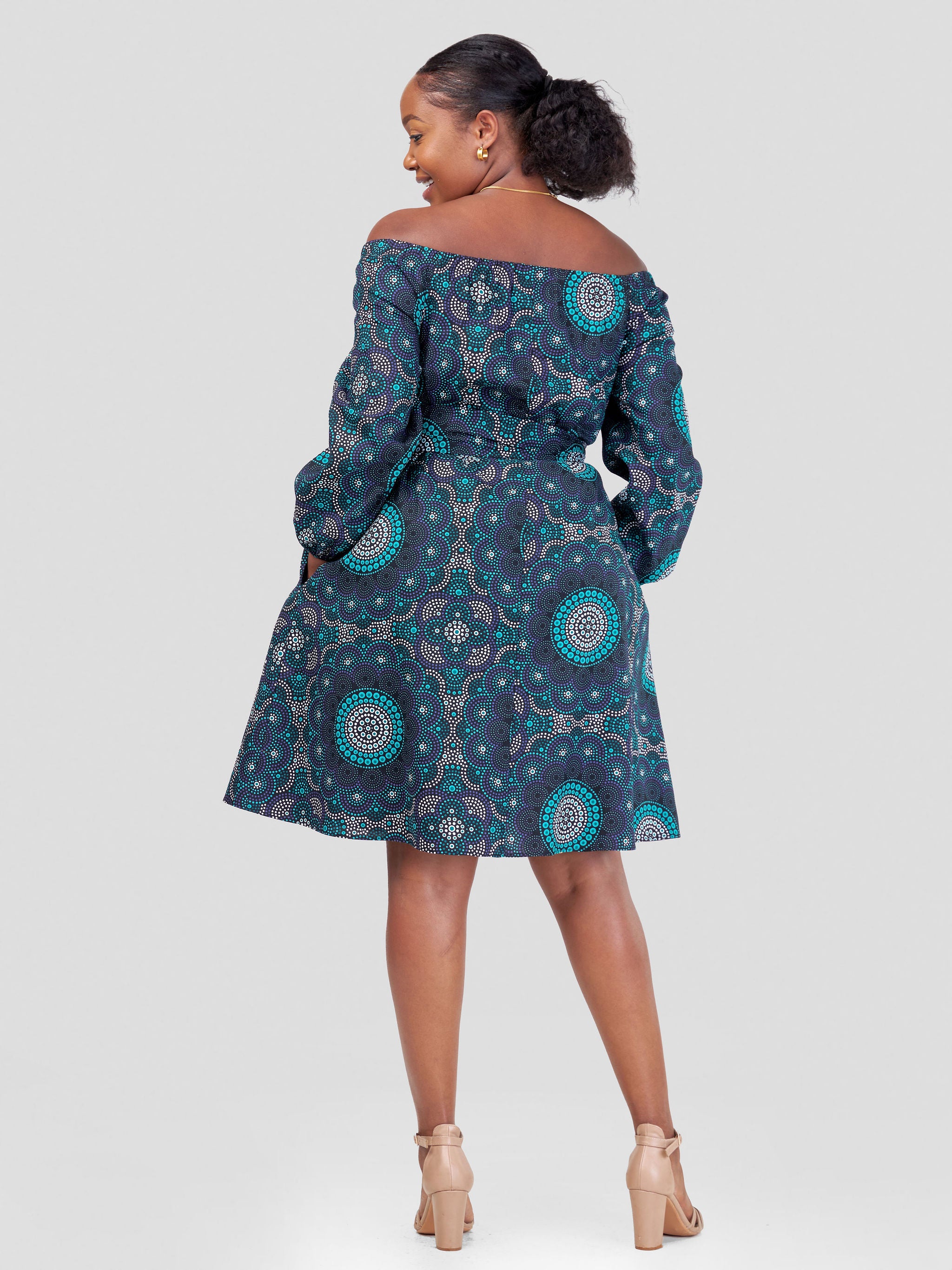 Vivo Kitenge Off Shoulder Knee Length Dress - Green / Purple Ankara Print