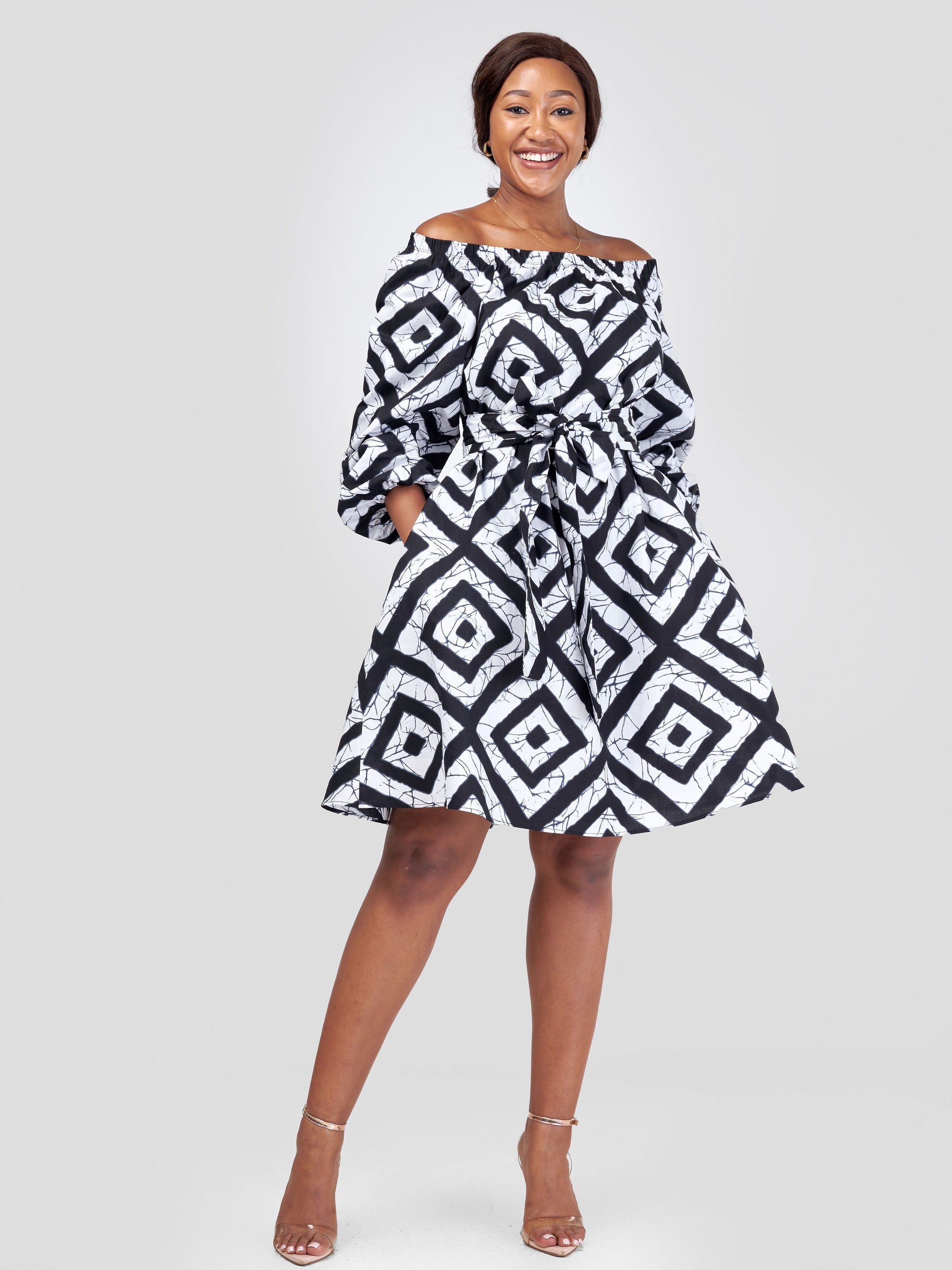 Vivo Kitenge Off Shoulder Knee Length Dress - White / Black Ankara Print