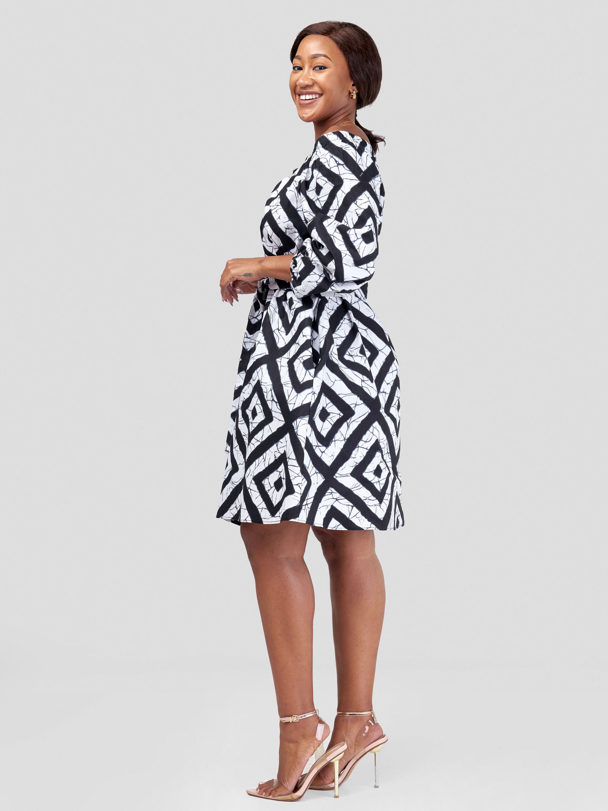 Vivo Kitenge Off Shoulder Knee Length Dress - White / Black Ankara Print