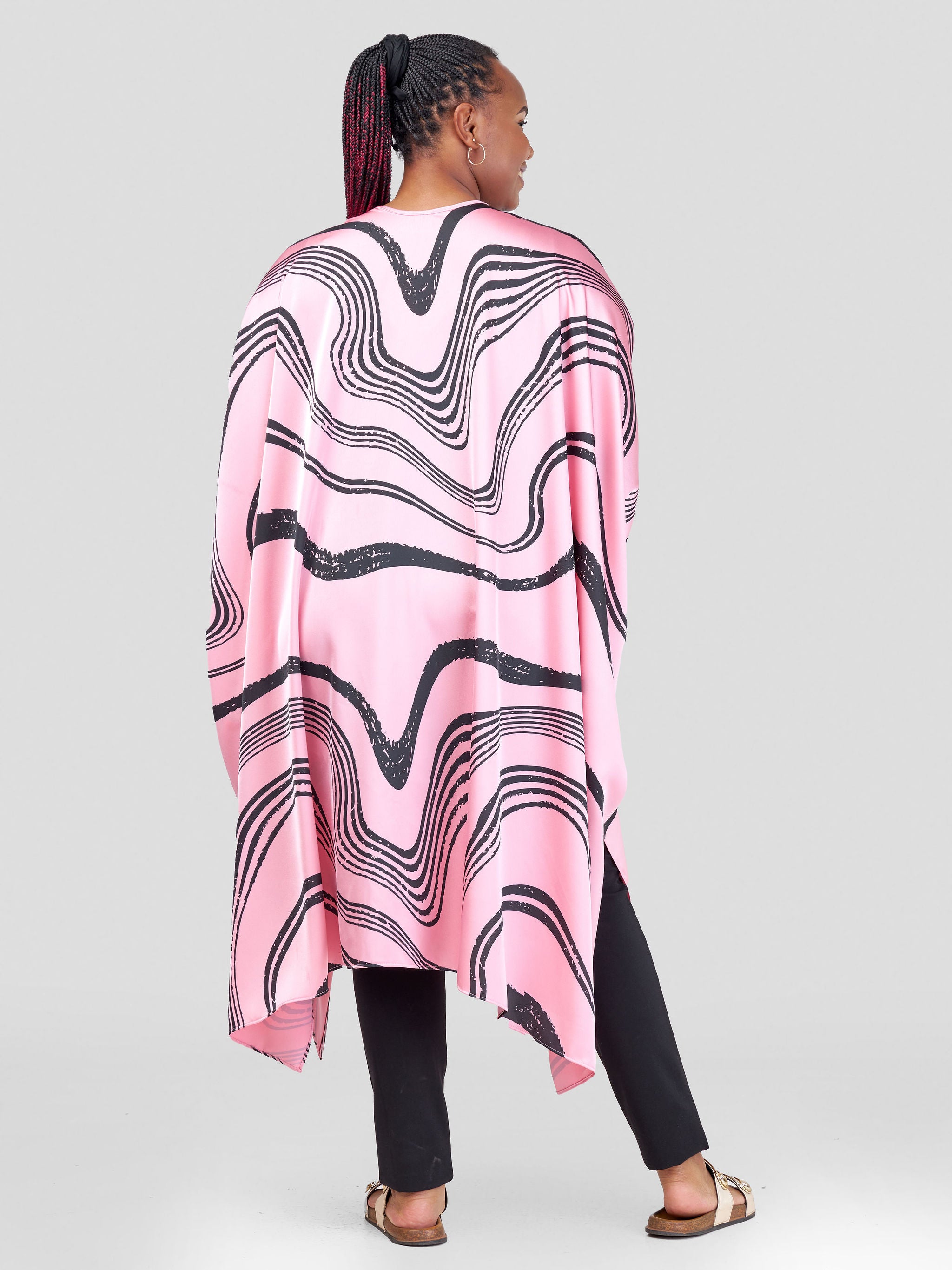 Vivo Asika Satin Handkerchief Drape Kimono - Pink / Black Abstract Print