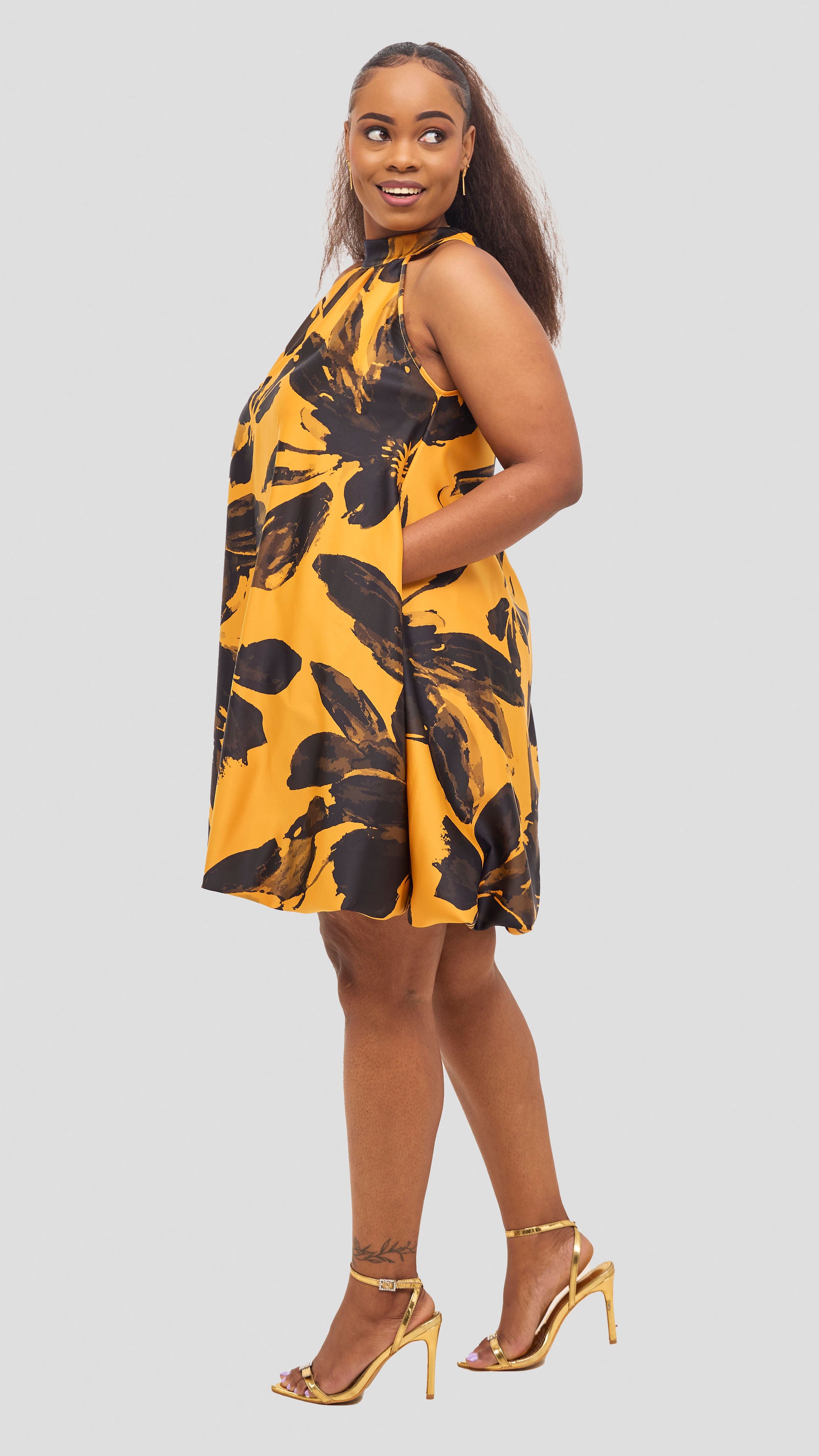 Vivo Iyana Knee Length Bubble Dress - Mustard / Navy Iya Pint