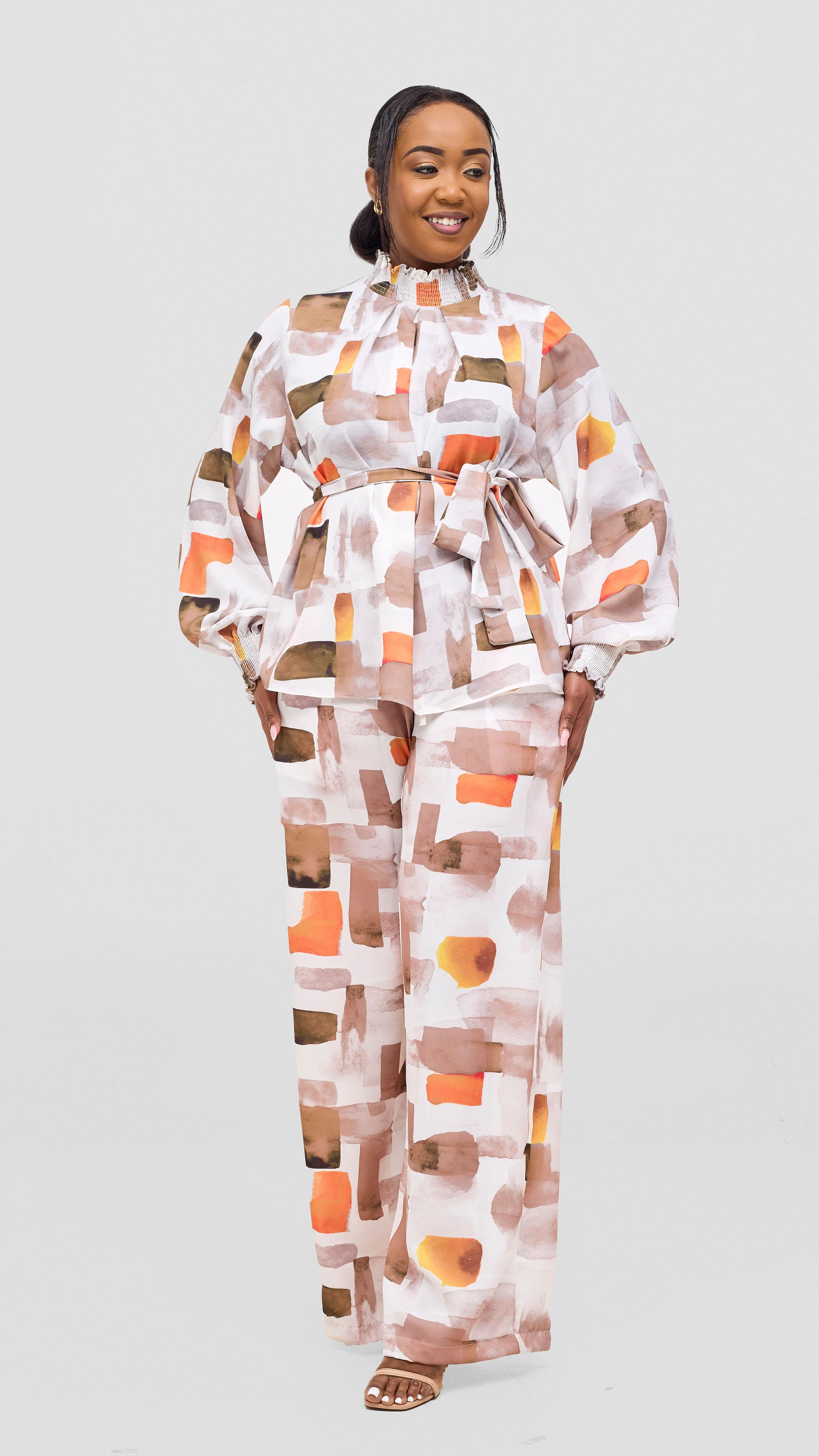 Vivo Ayah Drawstring Pants - Taupe / Orange Zani Print