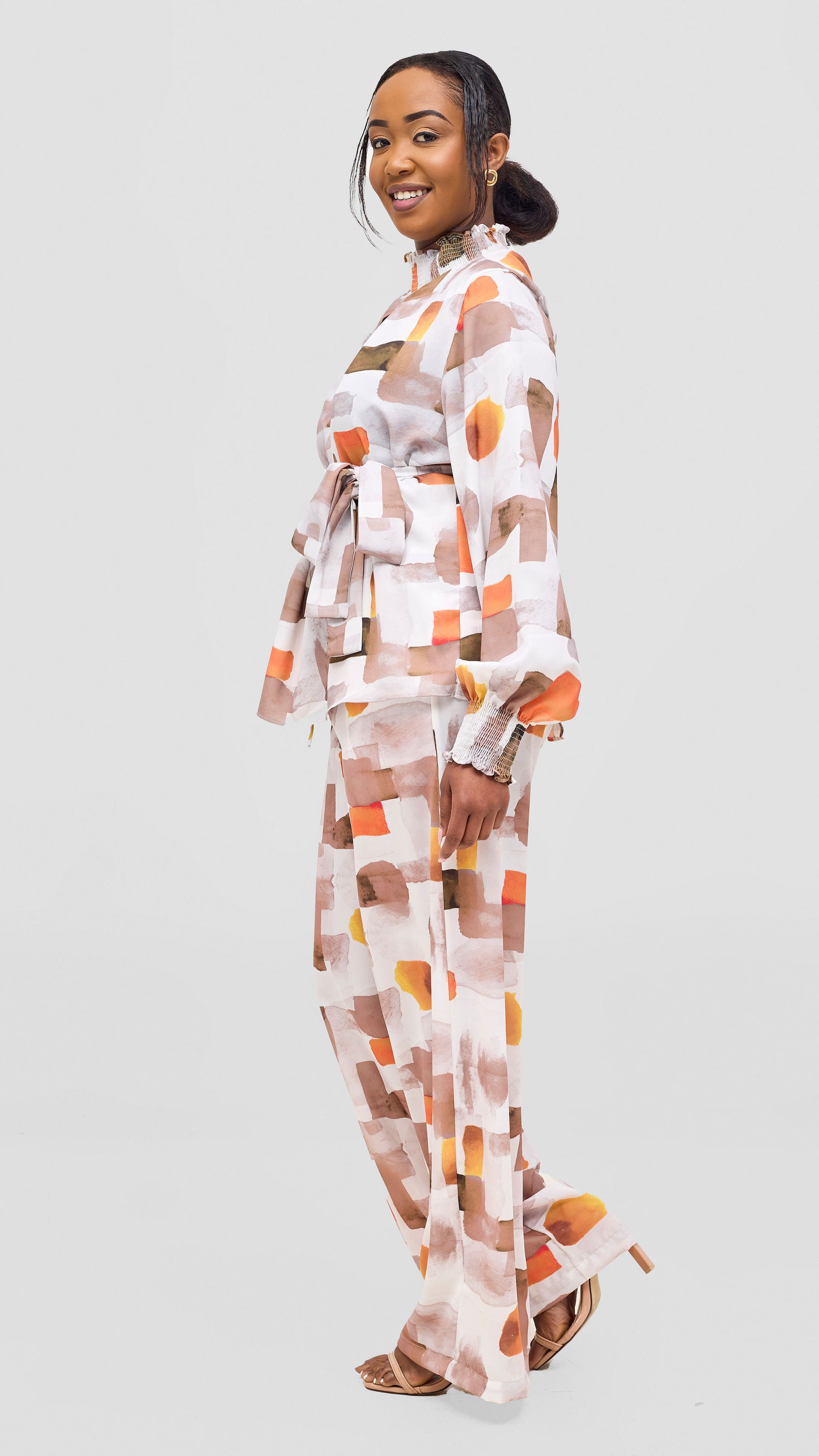 Vivo Ayah Drawstring Pants - Taupe / Orange Zani Print