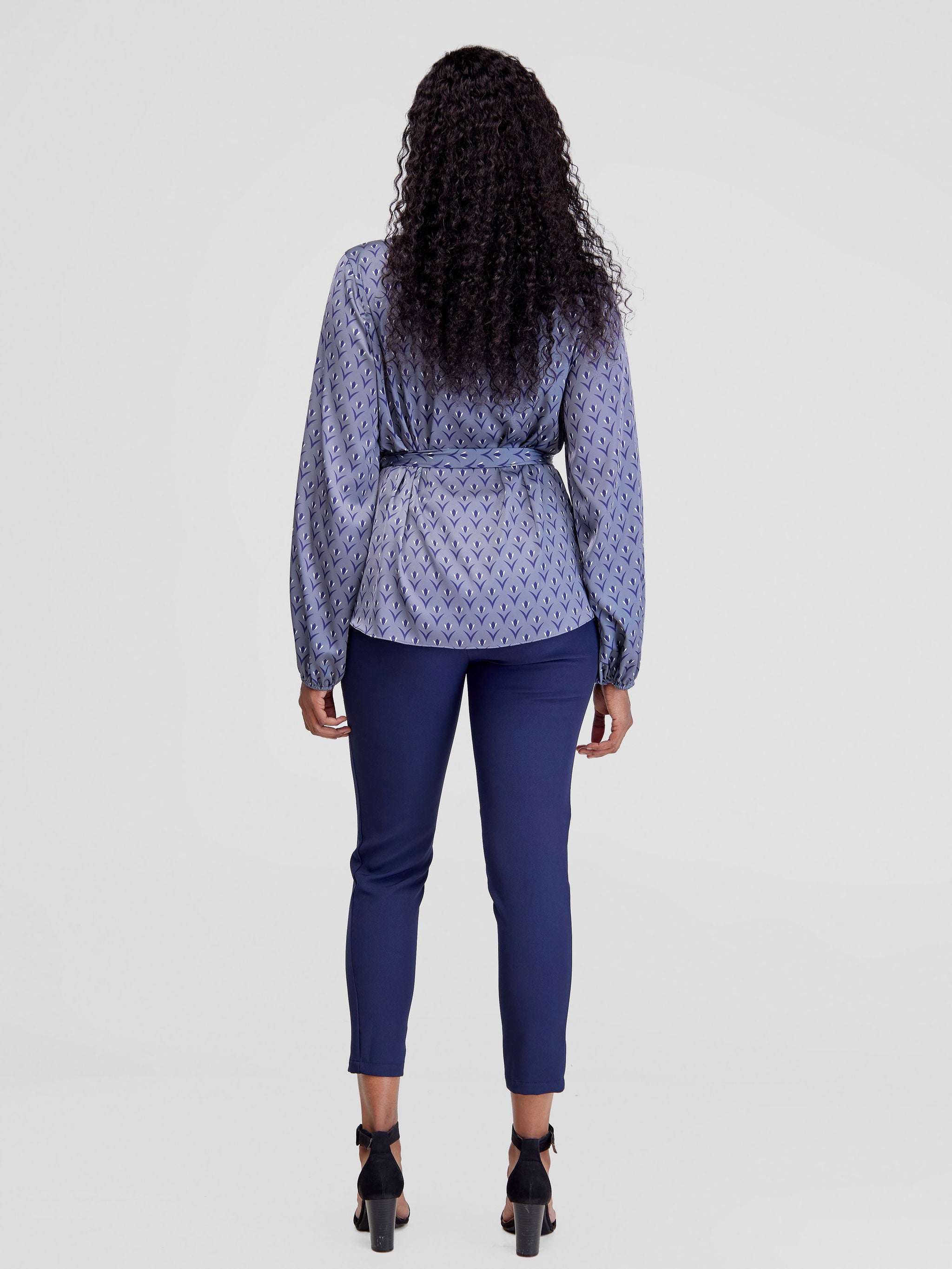 Vivo Basic Satin Bishop Sleeved Top - Grey / Navy Nina Print