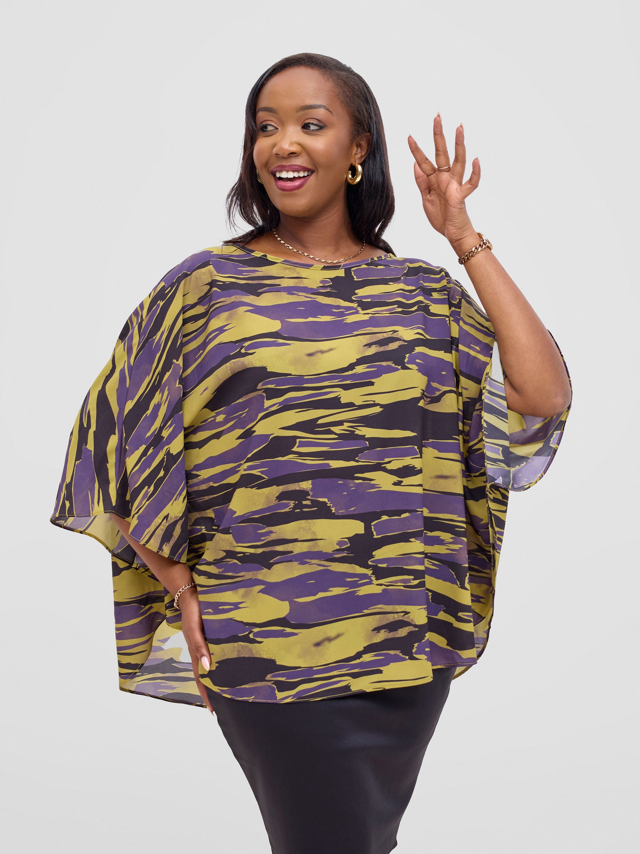 Vivo Sakari Circular Loose Top - Yellow / Purple Print