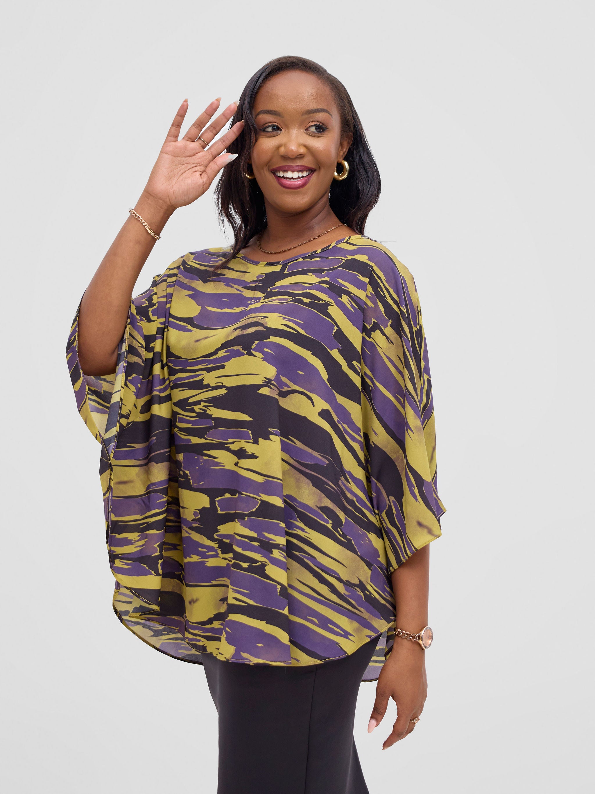 Vivo Sakari Circular Loose Top - Yellow / Purple Print