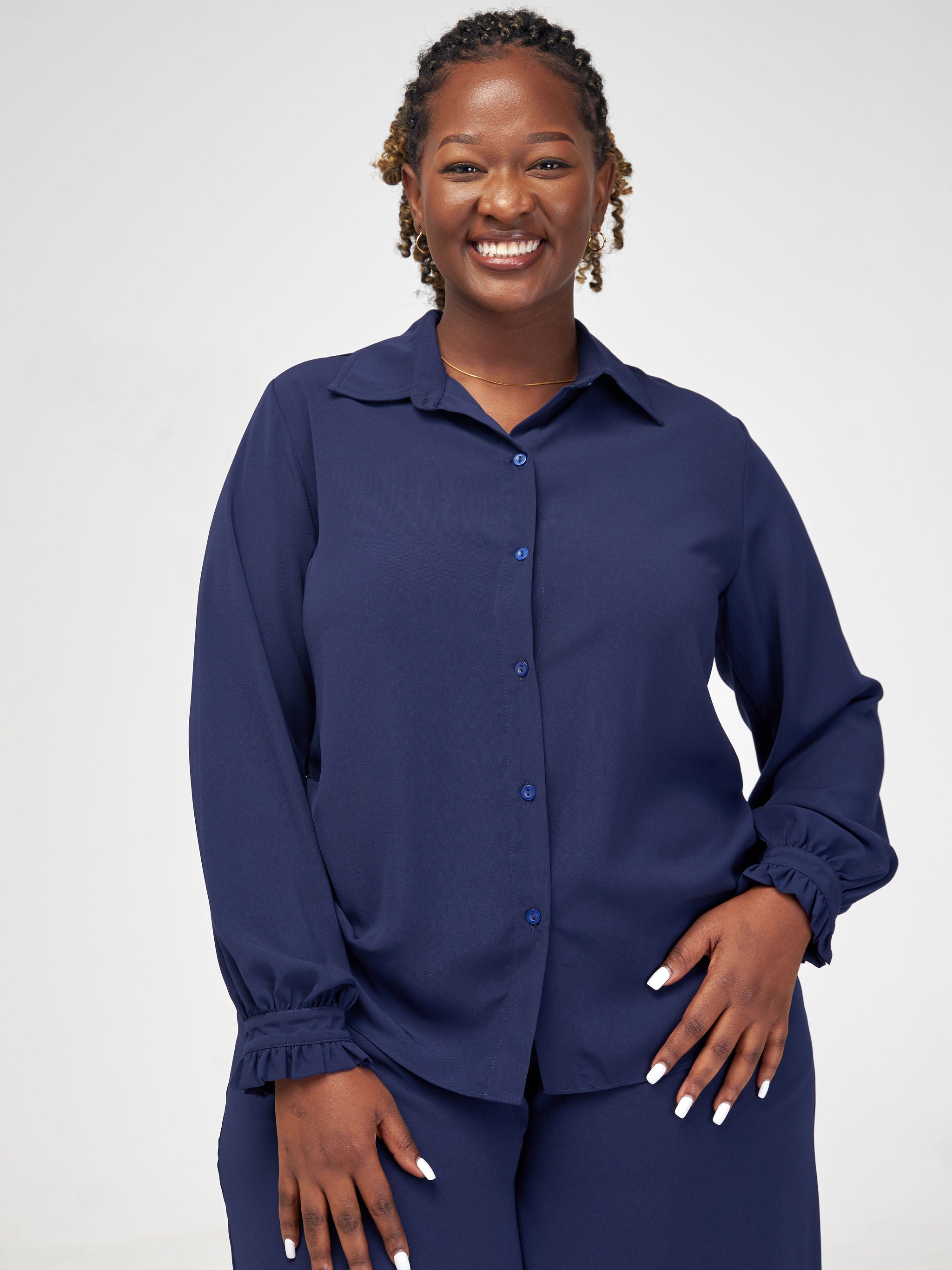 Vivo Sani Long Sleeve Ruffle Shirt - Navy Blue