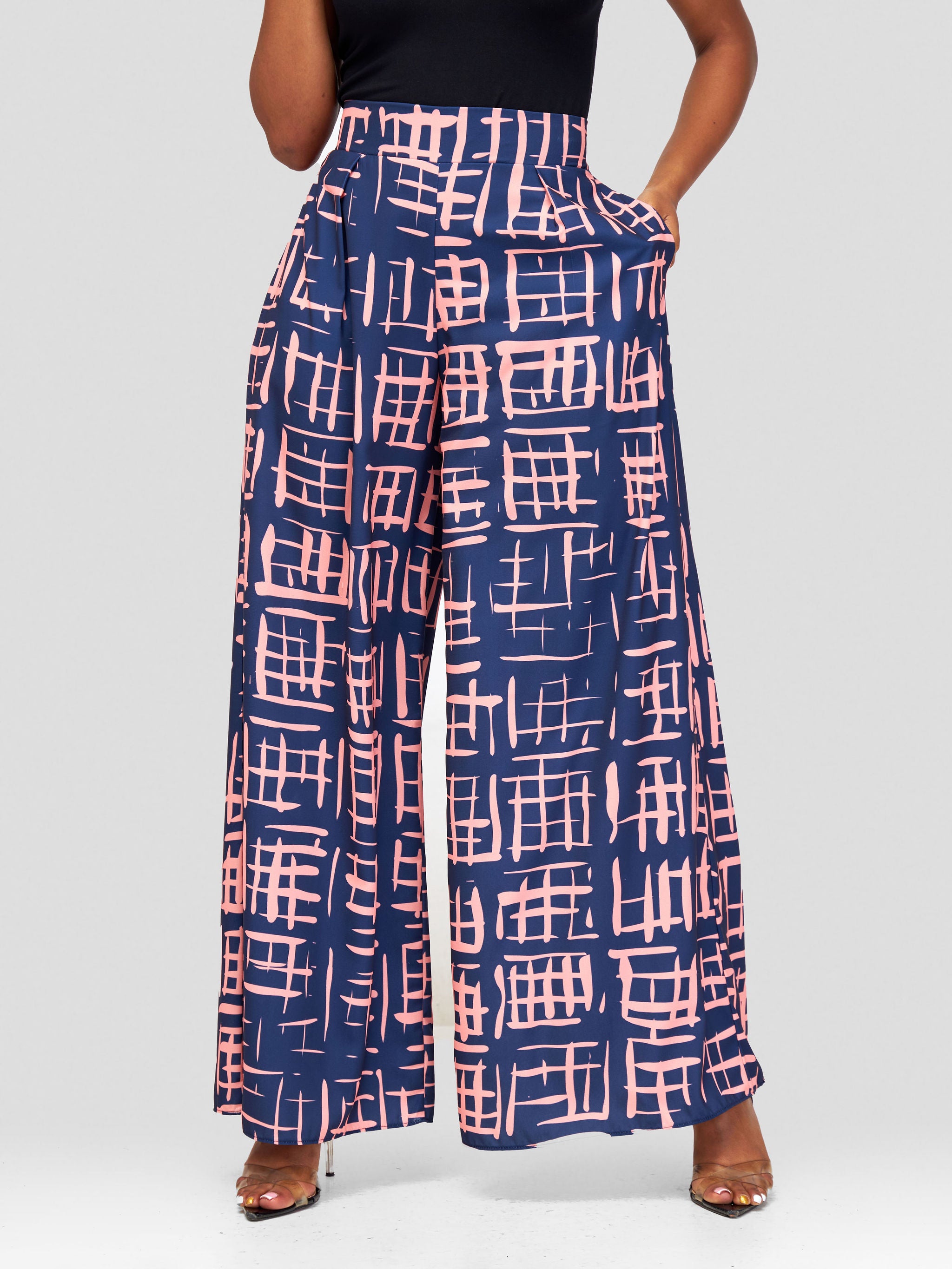 Vivo Basic Crepe Pants - Navy Blue / Pink Batik Geometric Print