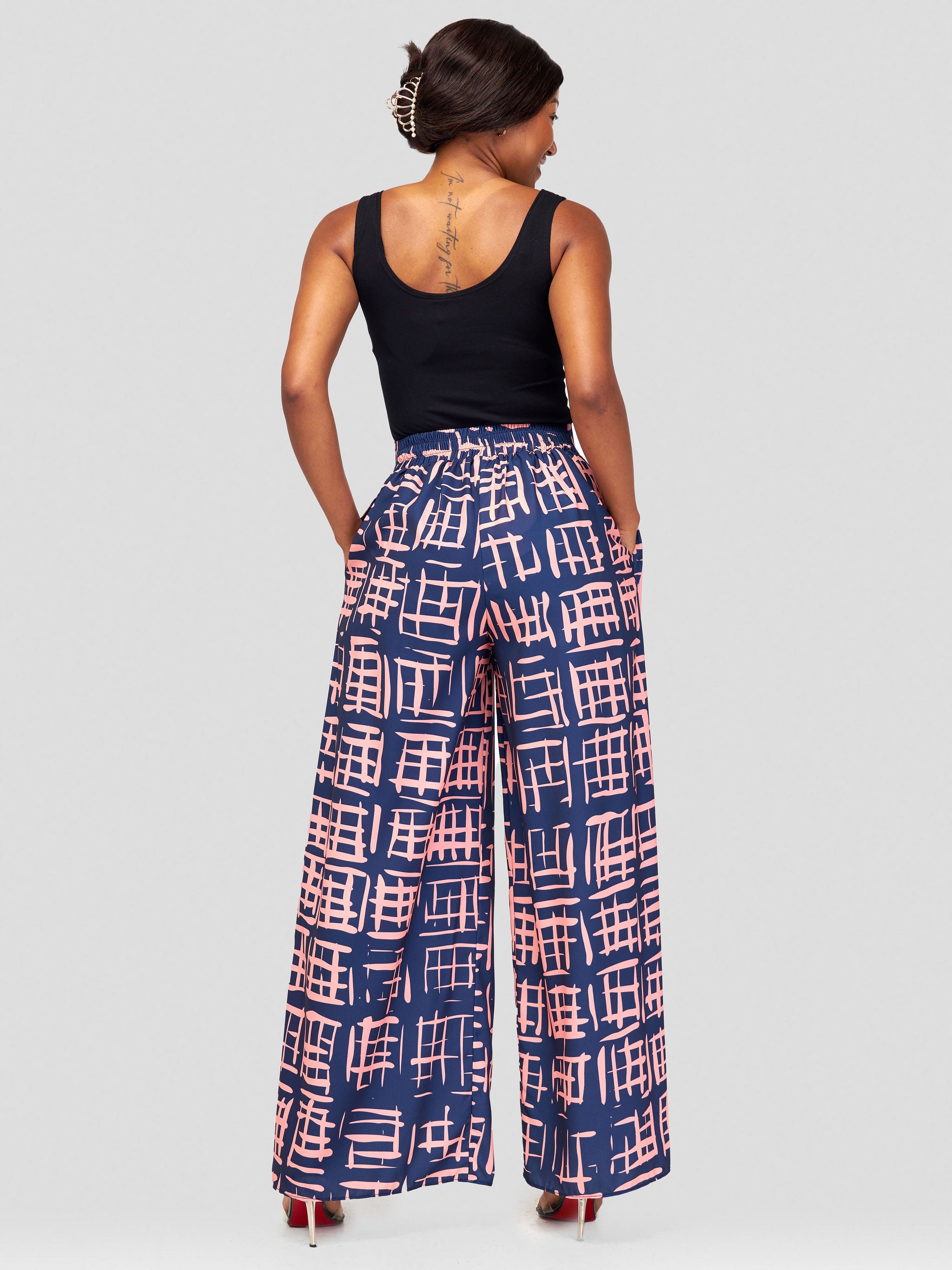 Vivo Basic Crepe Pants - Navy Blue / Pink Batik Geometric Print