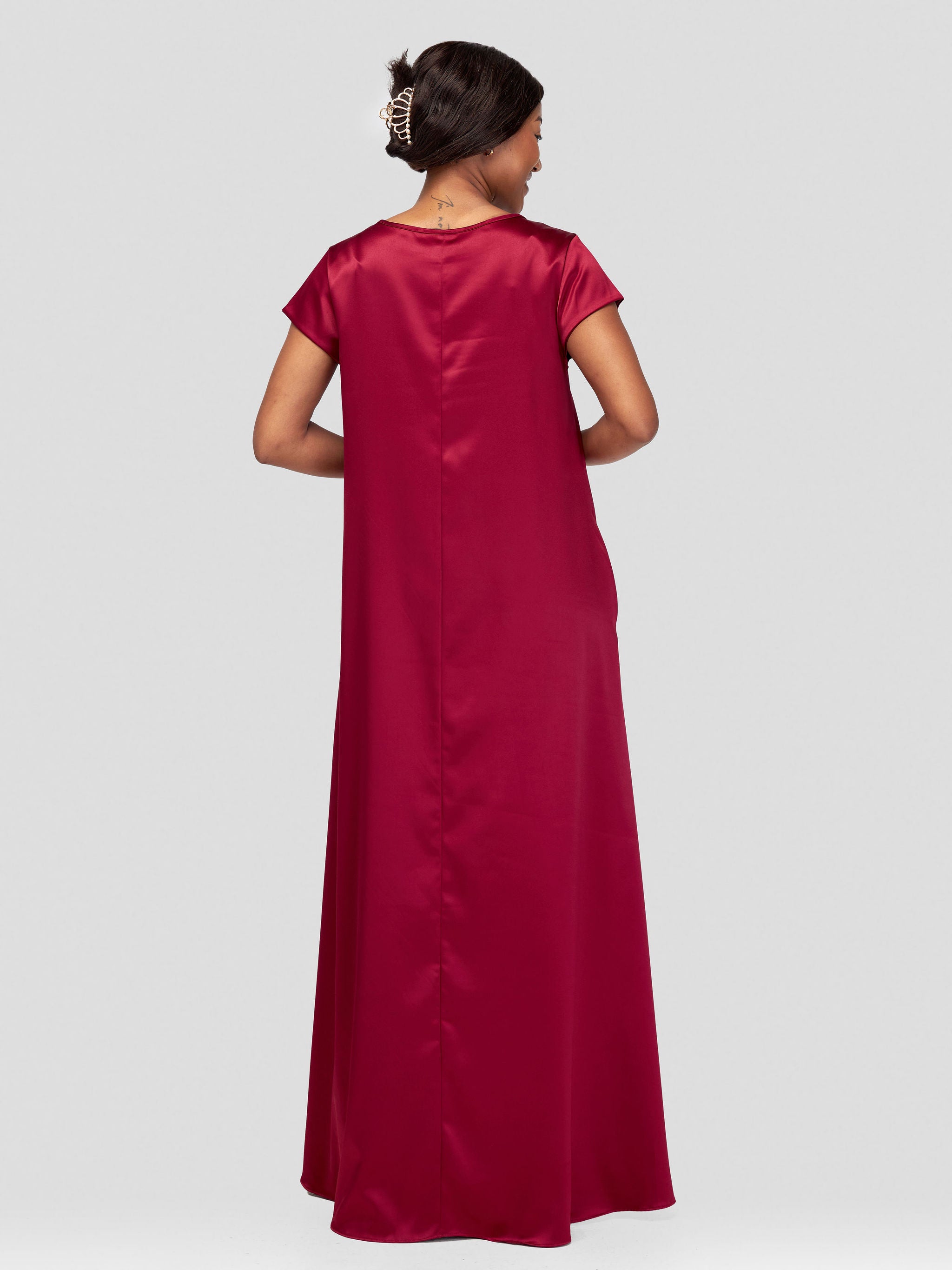 Vivo Basic Satin Cap Sleeve Maxi Dress - Maroon
