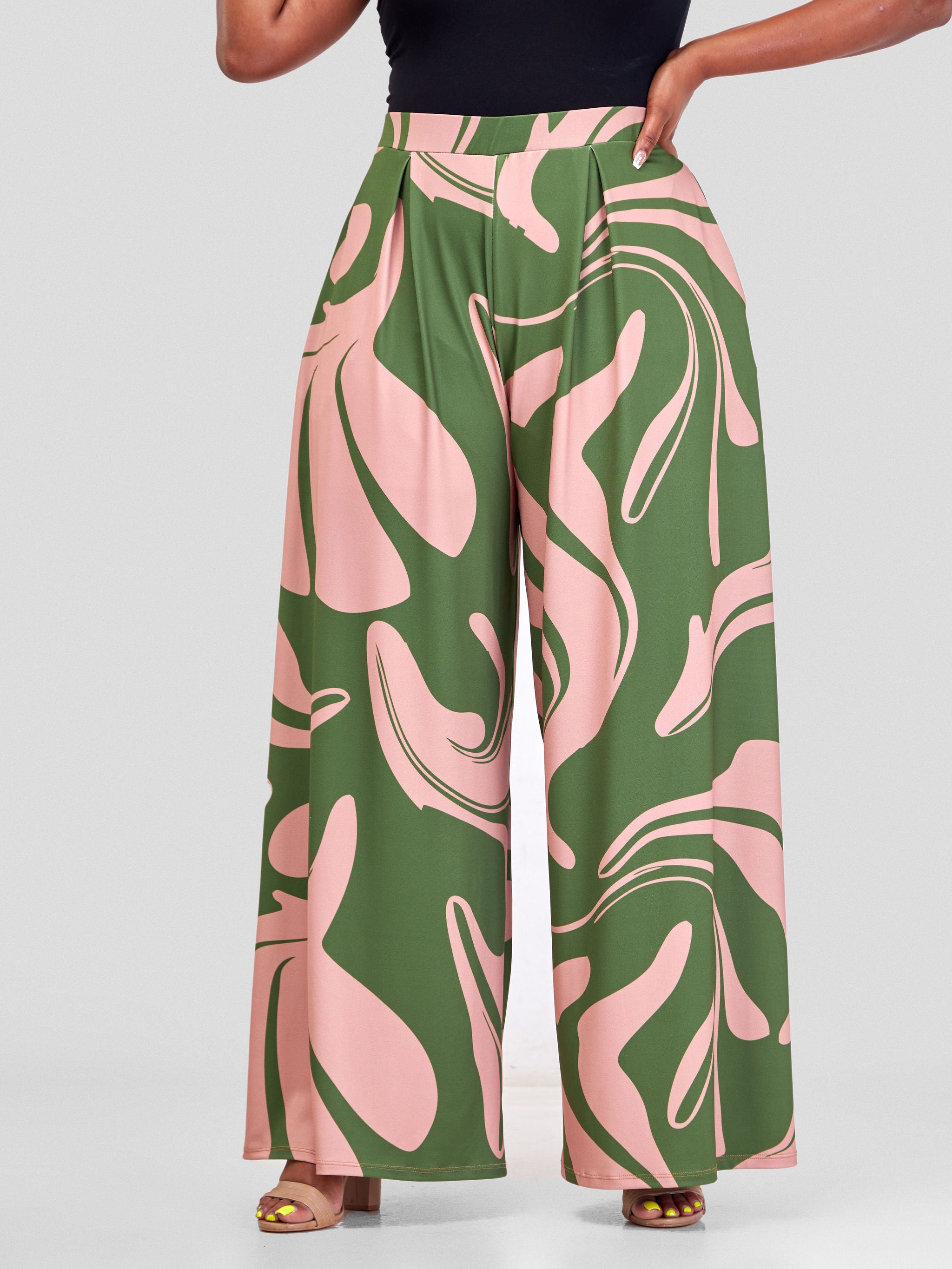 Vivo Amara Pleated Wide Leg Pants - Hunters Green / Taupe Sanna Print