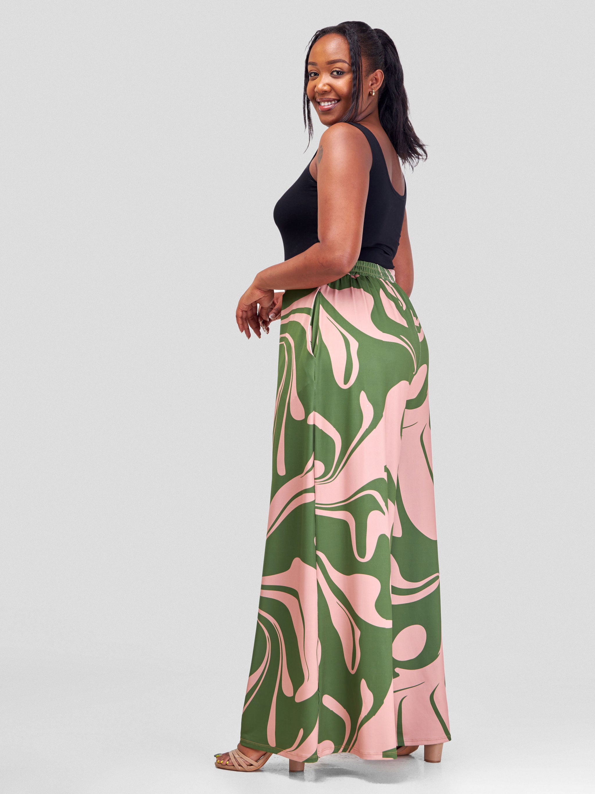 Vivo Amara Pleated Wide Leg Pants - Hunters Green / Taupe Sanna Print