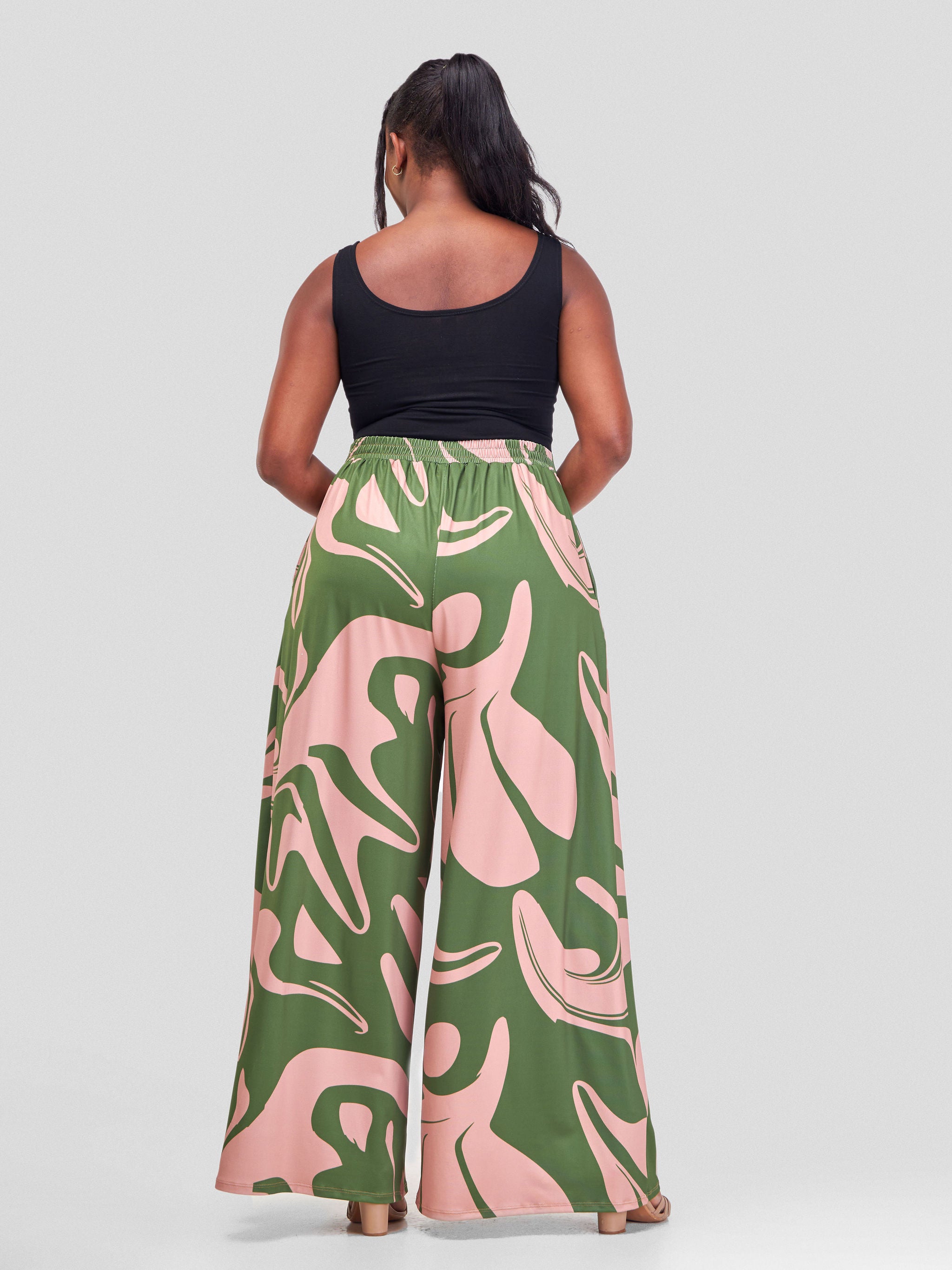 Vivo Amara Pleated Wide Leg Pants - Hunters Green / Taupe Sanna Print