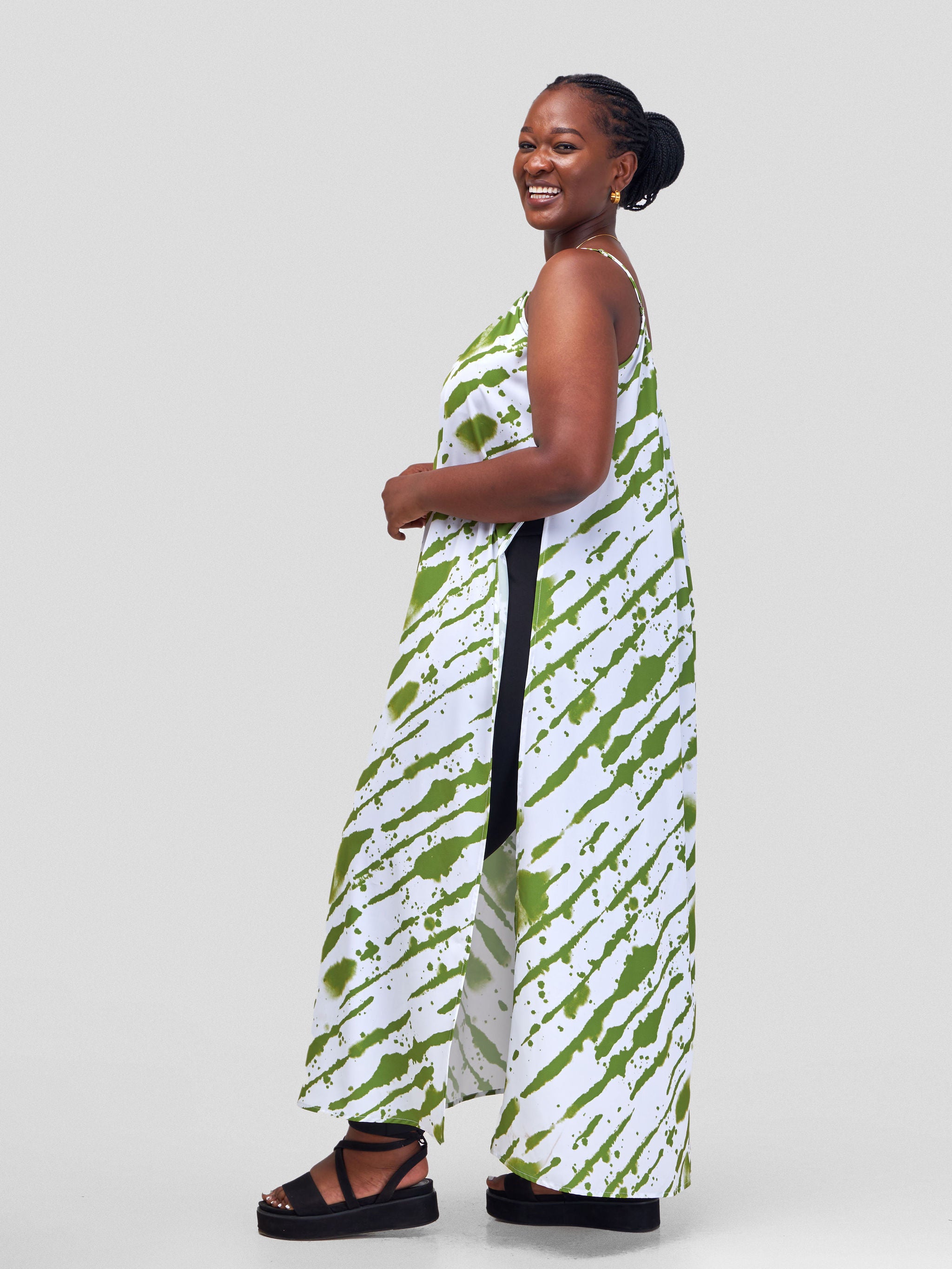 Vivo Ava Strappy Maxi Top - Olive Green / White Mistari Print