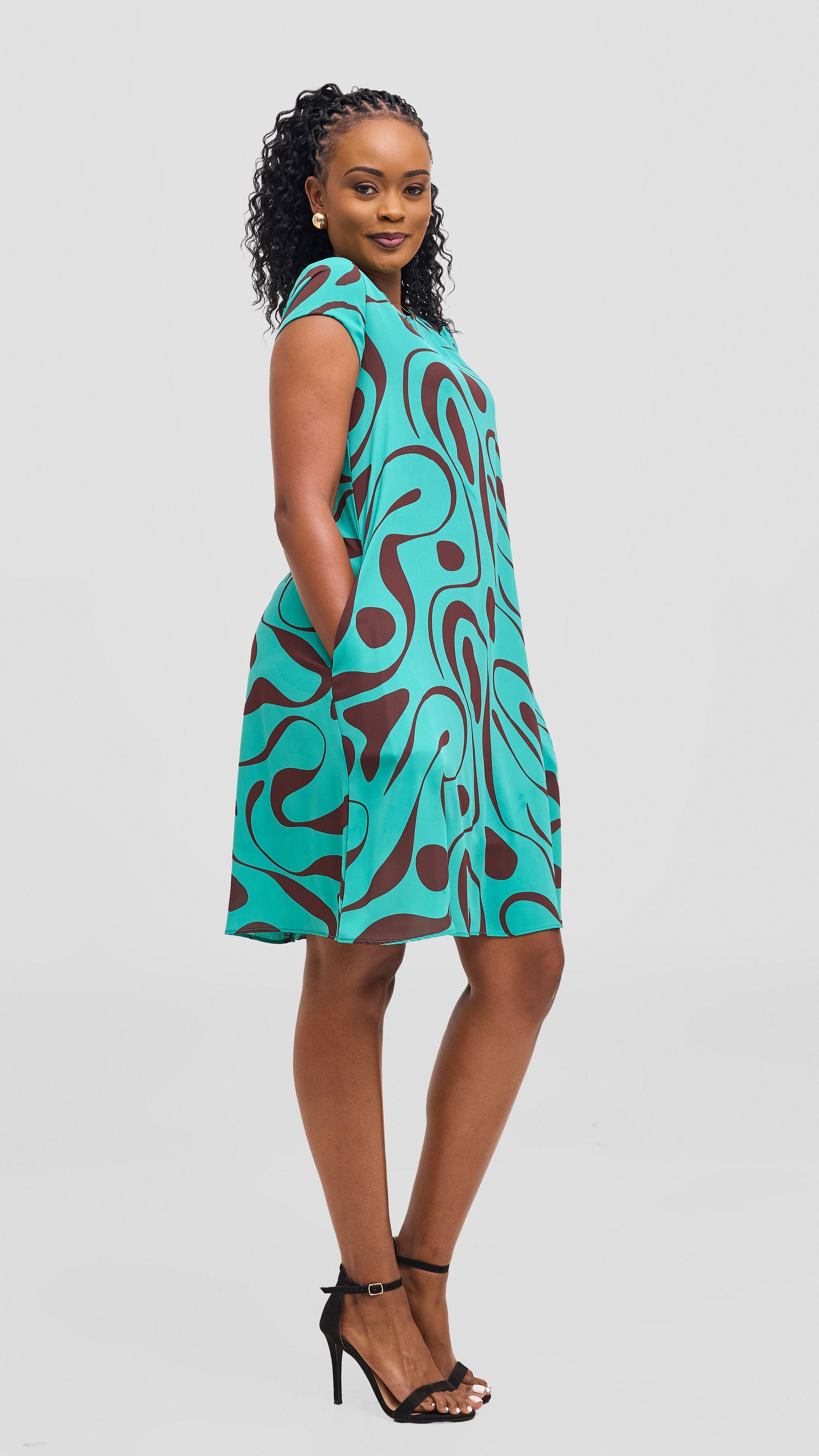 Vivo Sierra Cap Sleeve Tent Chiffon Dress - Sea Green / Burgundy Mohi Print