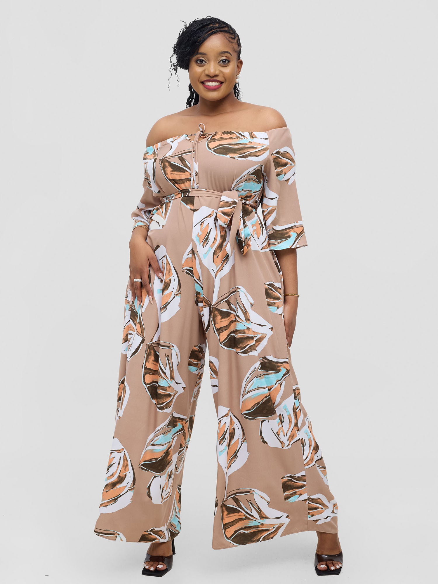 Vivo Zahari 3/4 Sleeve Off-Shoulder Jumpsuit - Taupe Ari Print
